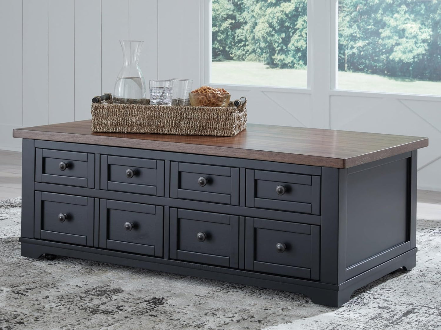 Signature Design by Ashley Wildenauer Farmhouse 2-Drawer Lift-Top Coffee Table with 2 Storage Bins Under Top and Casters, Light Brown & Black