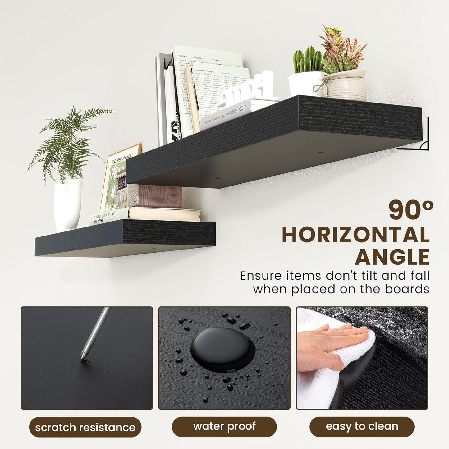 Deep Floating Shelves for Wall | 36 Inch Wide x 12 Inch Deep Black Floating Shelves | 36W x 12D Rustic Wood Wide Wall Shelves | Bookshelf Laundry Shelf TV Shelf