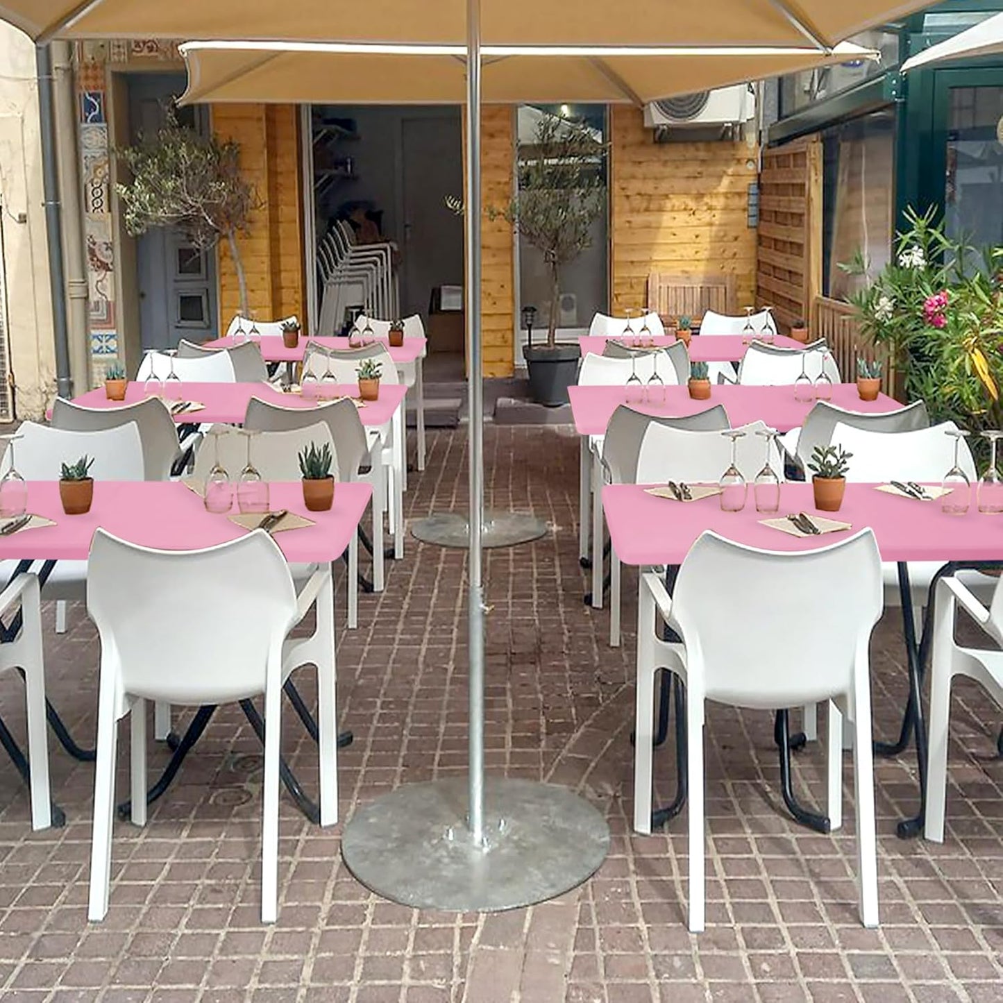 Fitted Tablecloth for 8 Foot Rectangle Tables-4 Pack Pink Elastic Outdoor Picnic Table Cover-Spandex Stretch Folding Table Cloths 8ft for Camping Dining Room Patio Kitchen Banquet Party