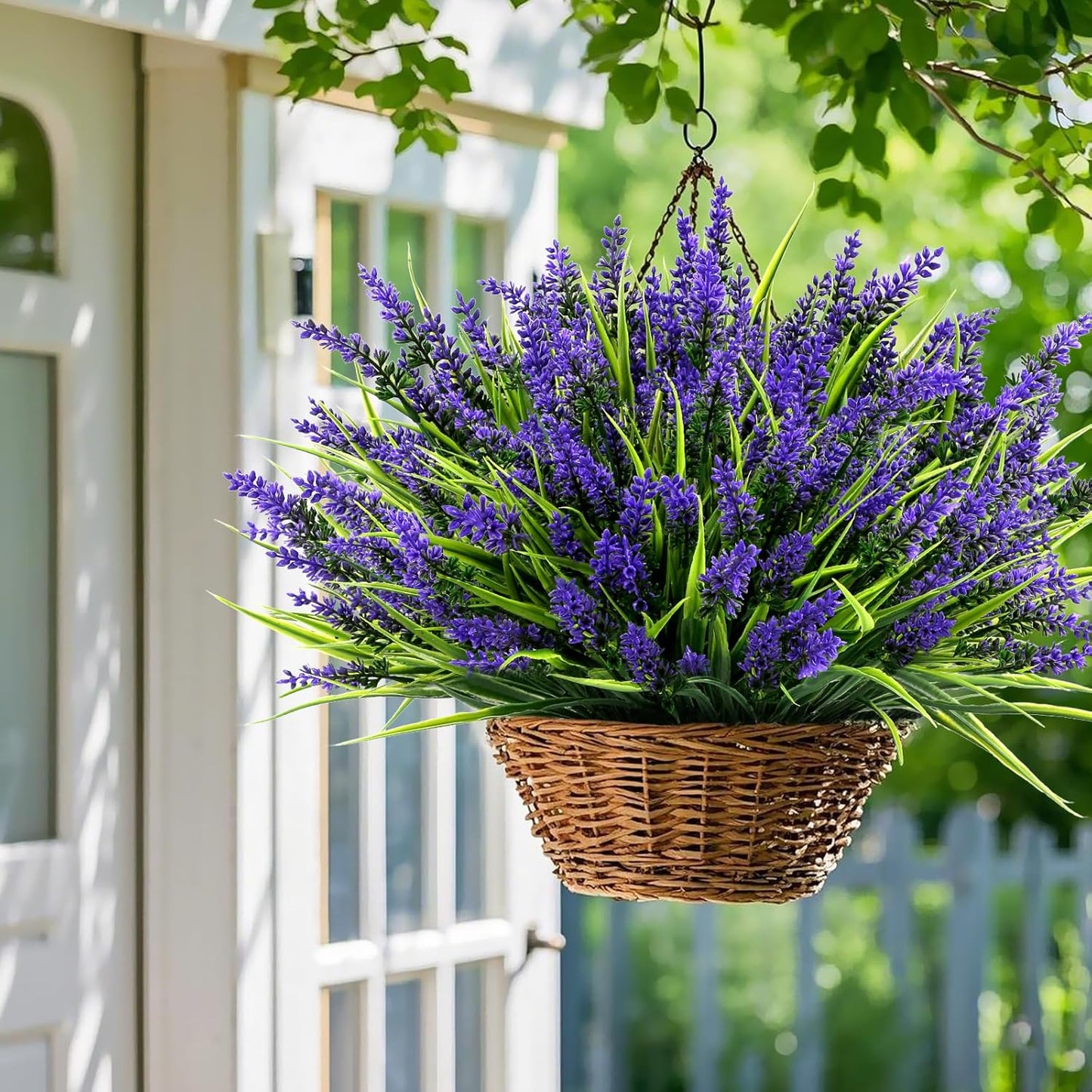 Geegoods 48 Bundles Artificial Plants Flowers Outdoor – Faux Lavender Flowers with Monkey Grass UV Resistant Plastic Faux Plants for Garden Porch Window Patio Hanging Planter Home Decor