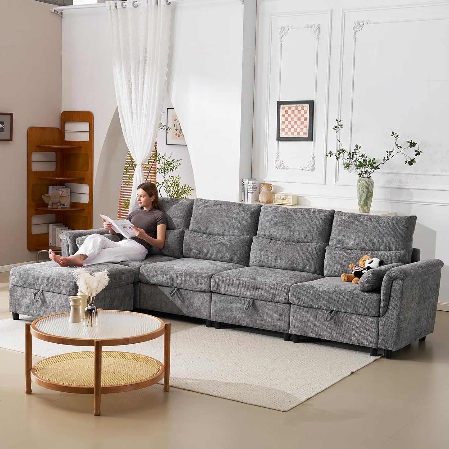 132'' Oversized Modular Sectional Sofa, L Shaped Comfy Cloud Sectional Couch with Storage, 5 Seat Extra Deep Seat Modular Sofas with Throw Pillows for Living Room, Grey