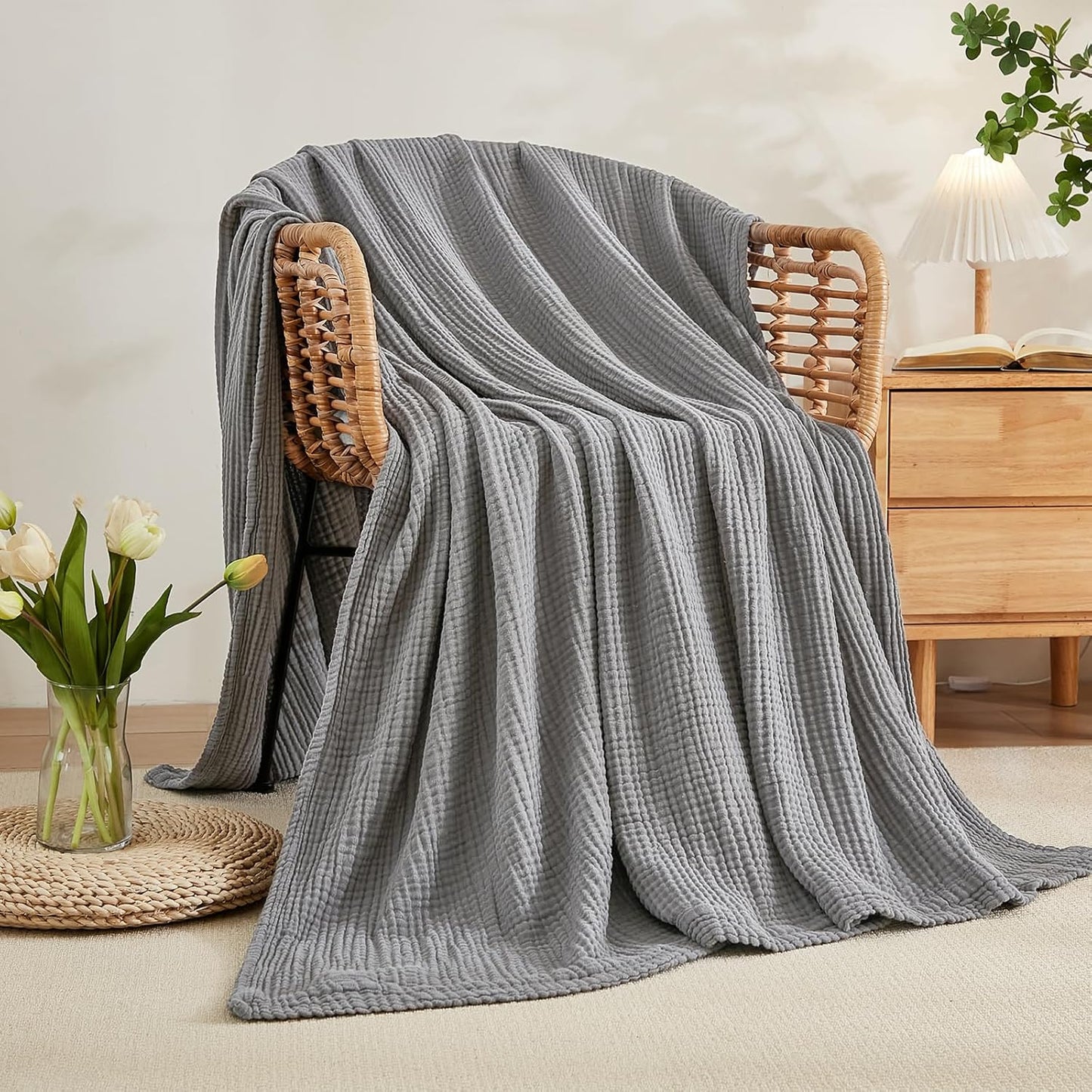 EMME Cotton Muslin Blanket King Size - Soft, Breathable Layering Blanket, 108"x90", All Season Gauze, Grey