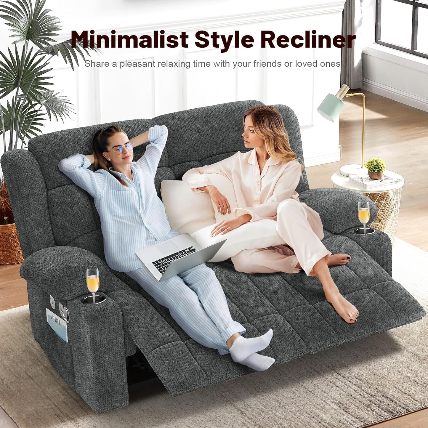 Loveseat Recliner Sofa Set with 2+1 Pieces, 2 Seater Minimalist Style Fabric Manual Pull Tab Reclining Loveseat with USB Charge Ports, Cup Holders, Recliner Couches for Living Room, RV, Gray