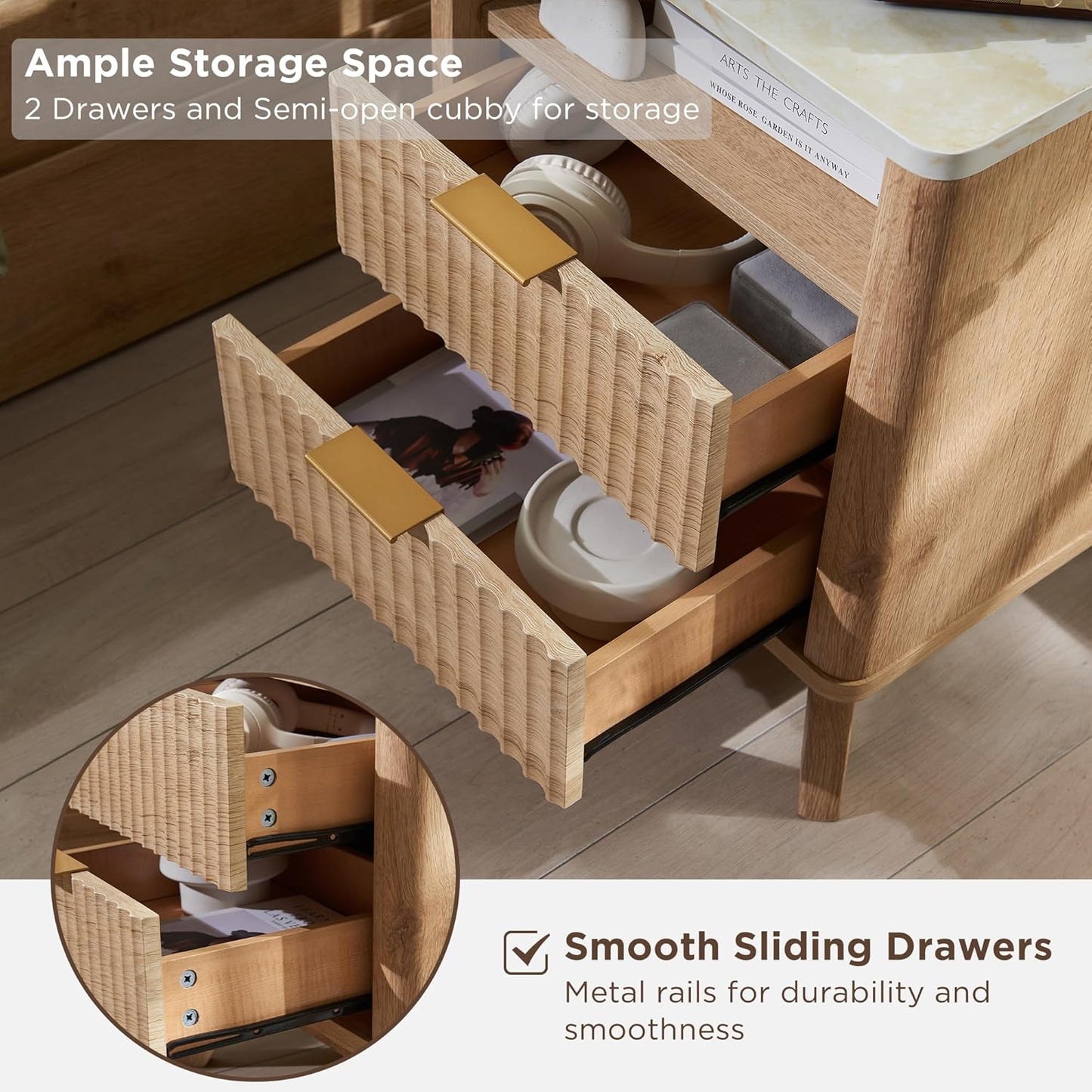 T4TREAM Fluted Nightstand Set of 2 with Charging Station, 18" Modern Side Table with Faux Marble Top, 2 Drawer End Table w/Storage, BedsideTable for Bedroom, Living Room, Curved Profile, Natural Oak