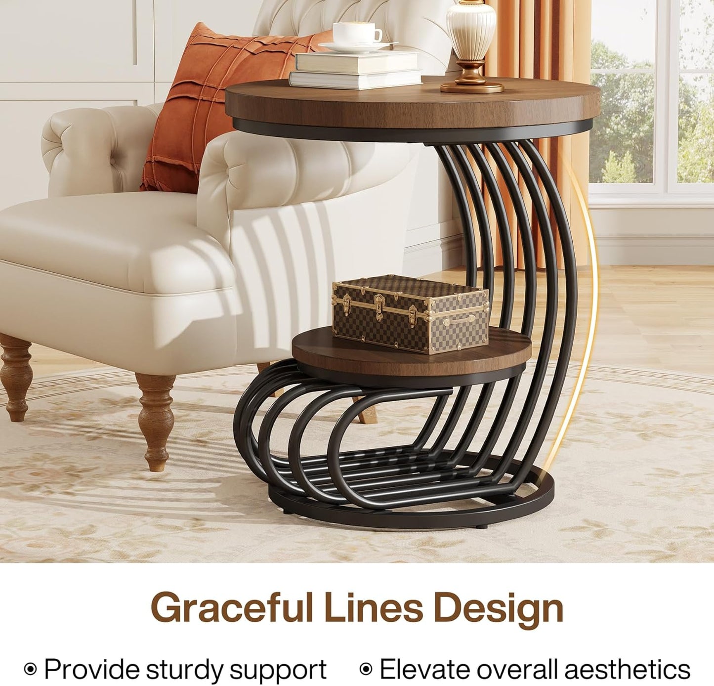 Tribesigns Round End Side Table: 2 Tiers Side Table Set of 2, Vintage End Table for Living Room, Small Bedside Table Accent Table with Arc-Shaped Frame, Light Brown