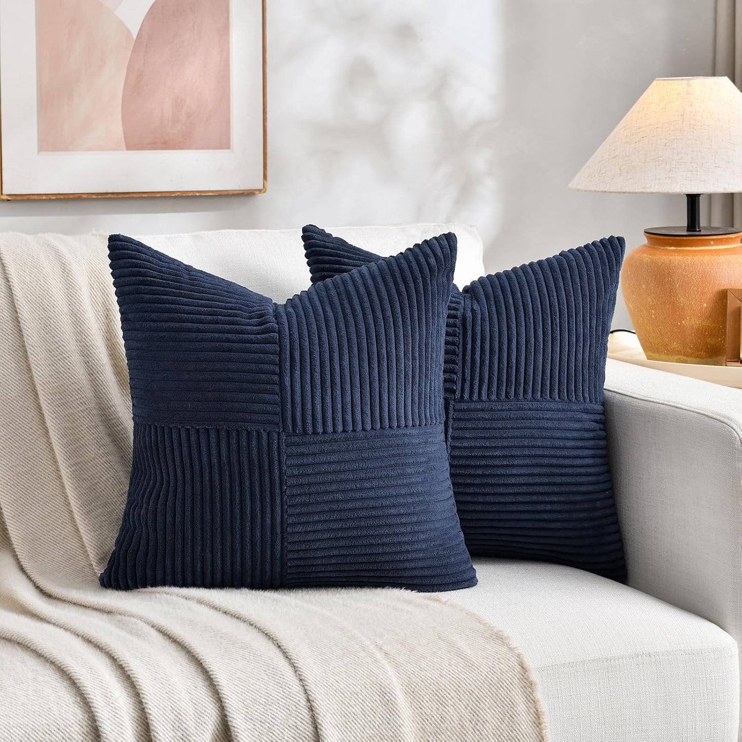 Fancy Homi 2 Packs Navy Blue Euro Decorative Throw Pillow Covers 26x26 Inch for Living Room Couch Bed, Farmhouse Boho Home Decor, Soft Corss Corduroy Patchwork Textured Square Cushion Case 66x66 cm