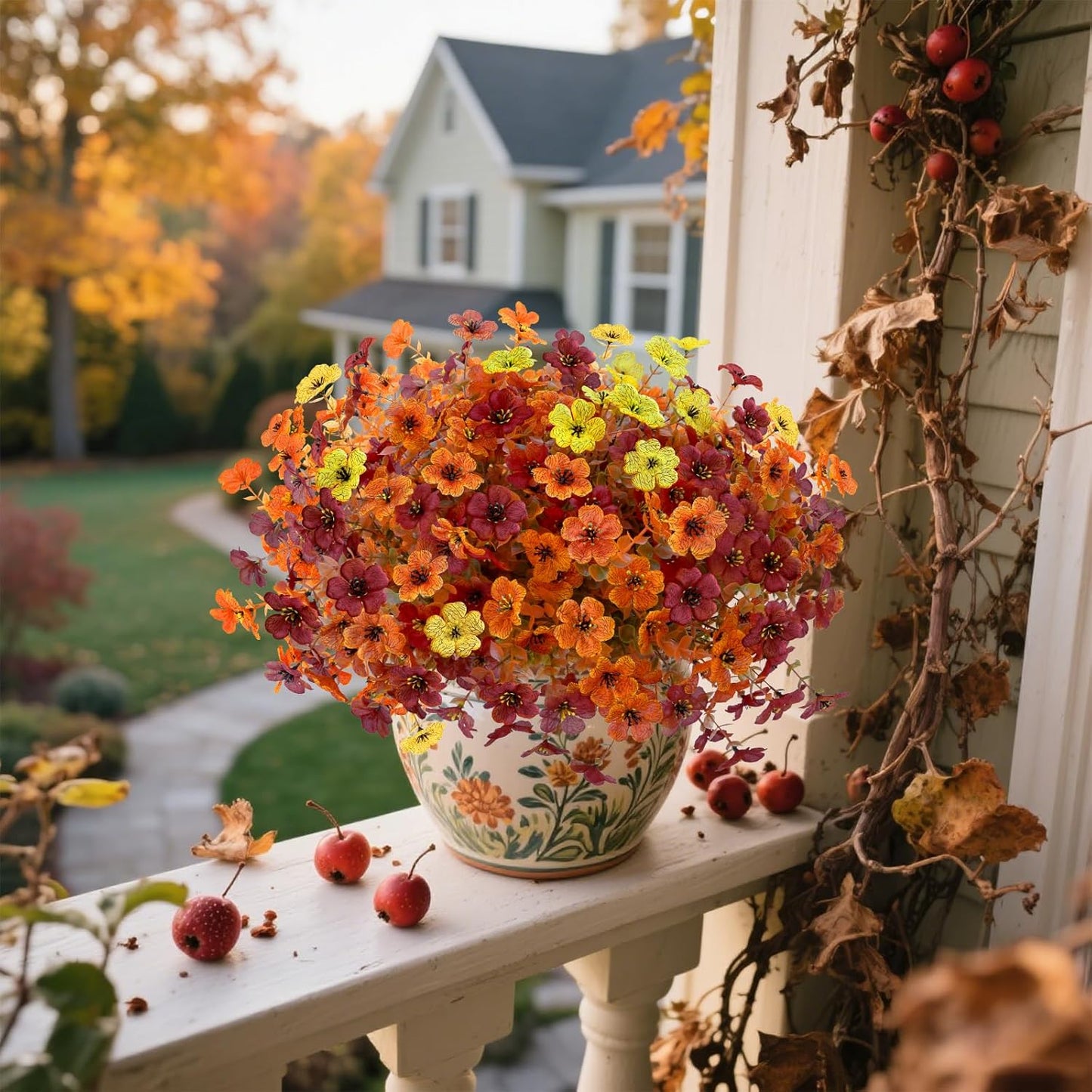 12 Bundles Artificial Fall Flowers Faux Mums for Outdoor Indoor, Artificial Plants Daisy Faux Plants Fake Mums for Fall Decor Pots Patio Garden Porch Autumn (Orange,Brown,Yellow) (12)