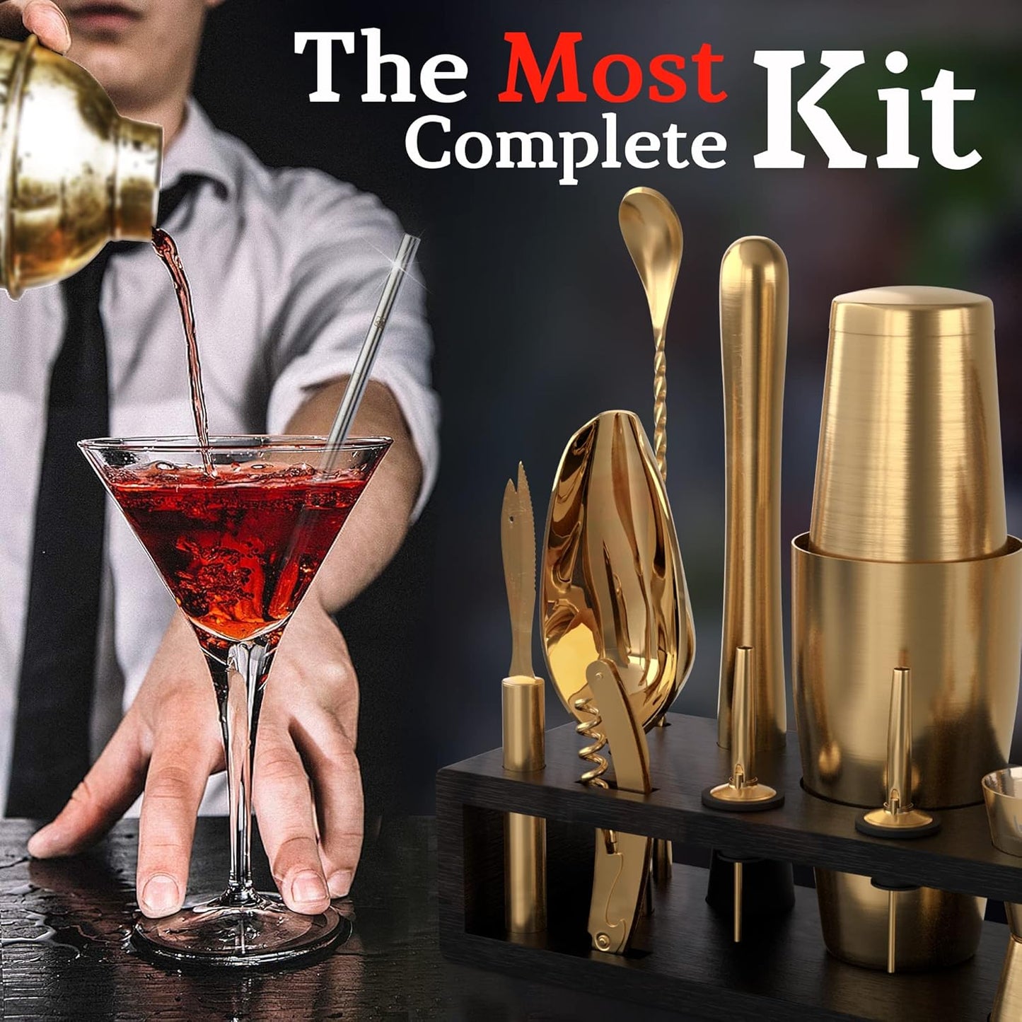 Highball & Chaser Bartender Kit with Black Bamboo Stand Beautiful Cocktail Shaker Set and Bar Tools Stainless Steel Boston Shaker Bartender Kit with Stand (Antique Gold)