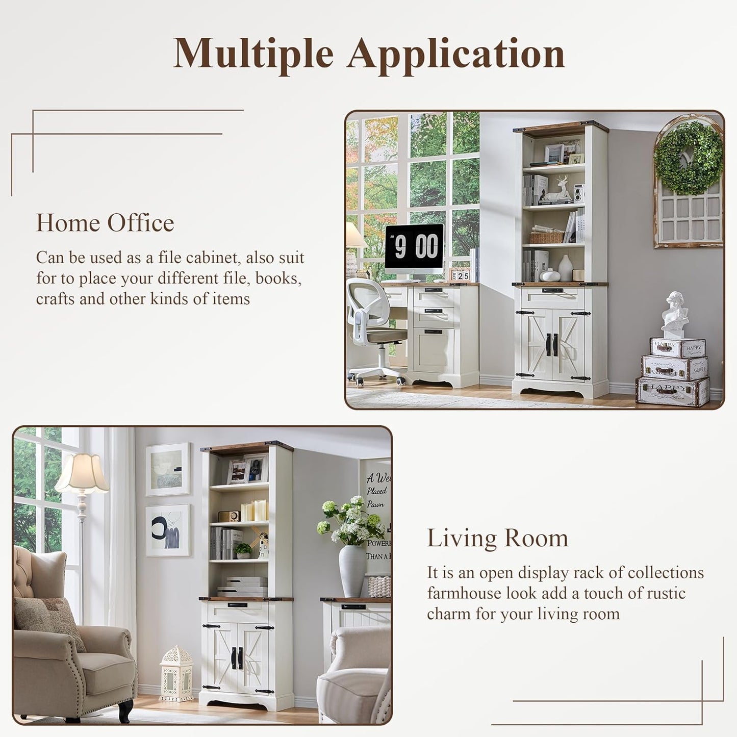 RedLemon Bookshelf with Storage Cabinet, 72" Tall Farmhouse Bookcase with Adjustable Shelves and Barn Door, 4 Tier Office Wood Bookshelf with Drawer for Office Library Living Room (Antuique White)