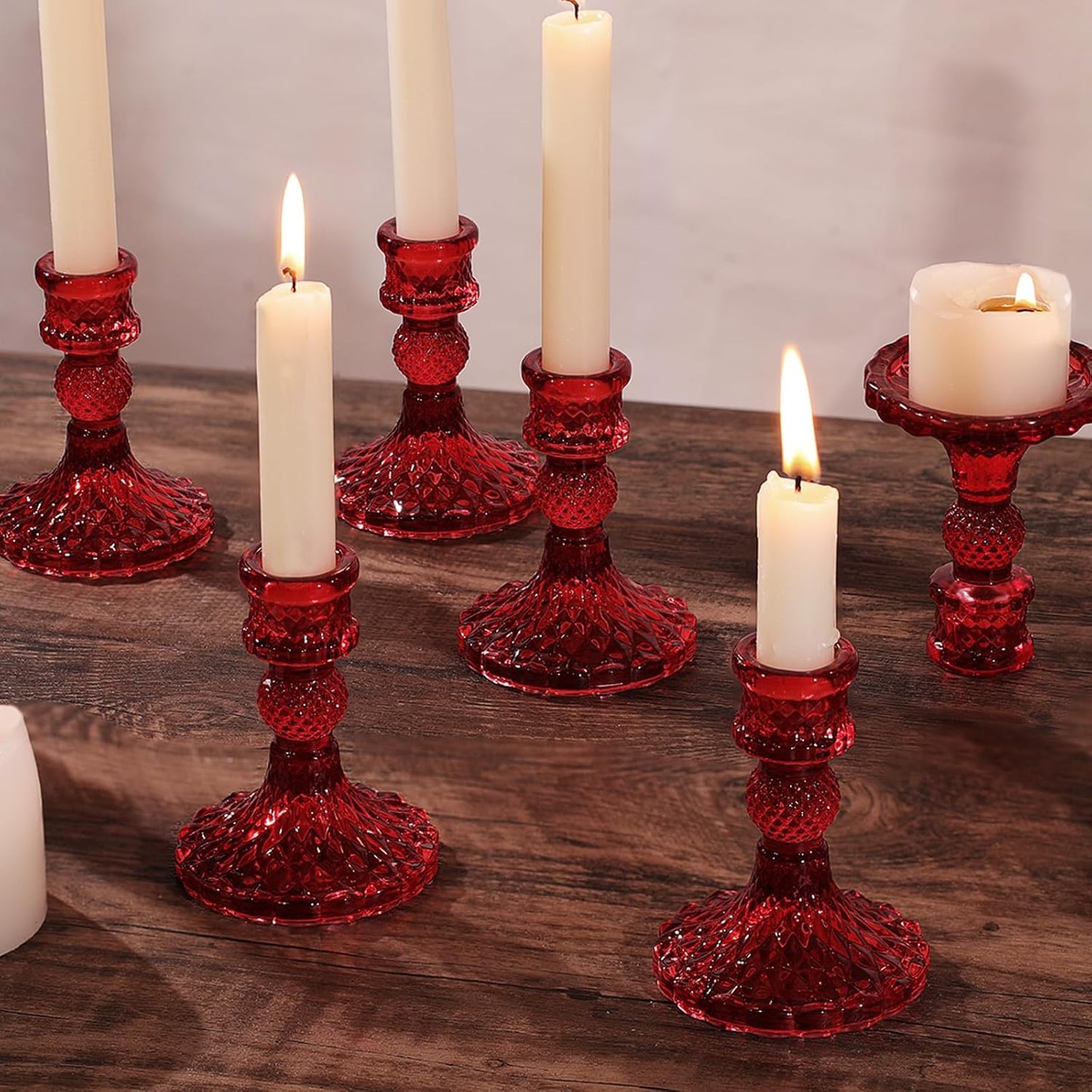 12Pcs Red Candlestick Holders Set- 4" H Taper Candle Holders Bulk, Glass Candle Holders for Activities, Party, Romantic Dinner Table Centerpieces, Festival Gifts & Windowsill Decor