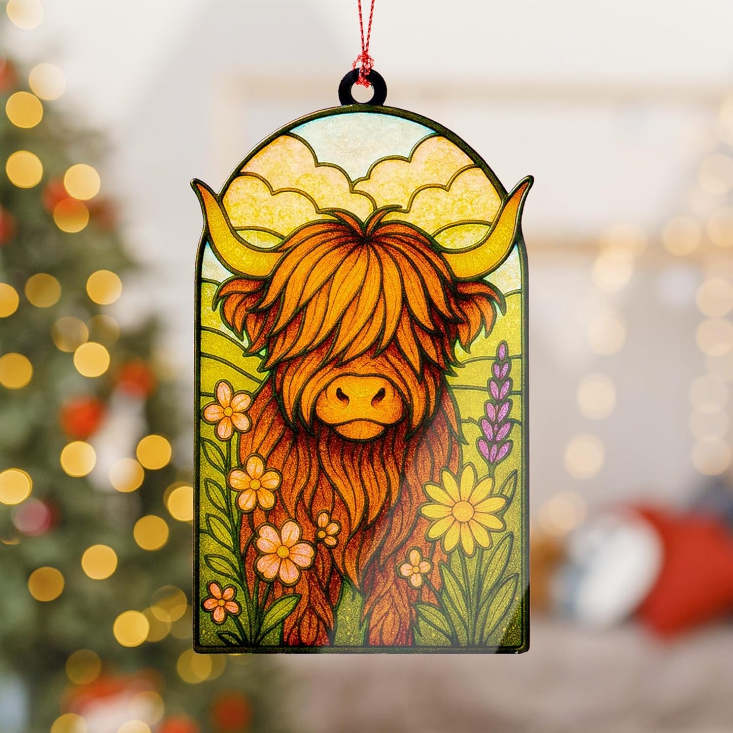 Highland cow ornaments - Highland cow gifts - Christmas ornament 2025 - Vintage christmas ornament - Farmhouse Xmas Orrnaments - Suncatcher Effect stained glass window hanging - car hanging