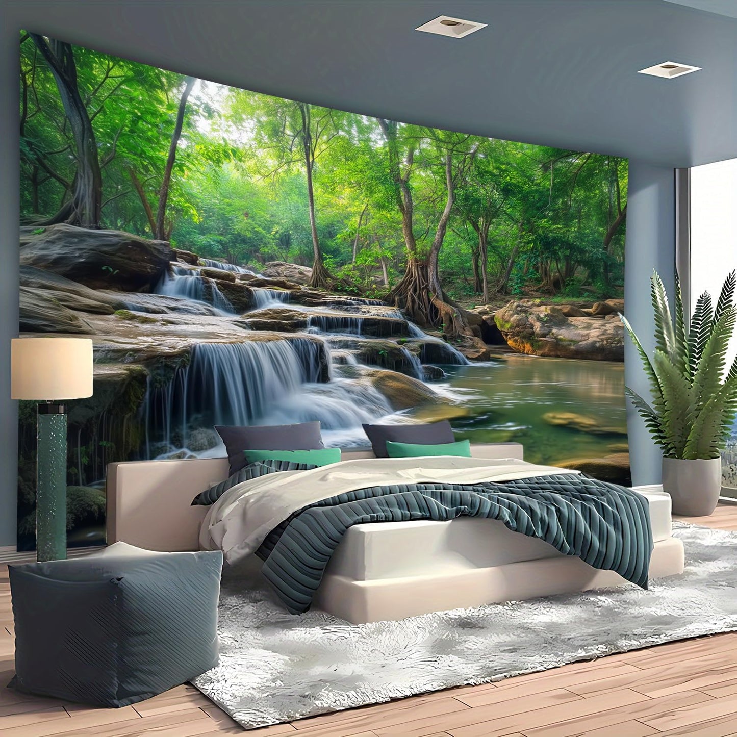 BSFHH Nature Tapestry Forest Tree Sea Cave Wall Hanging, Stream Through Rainforest Landscape Wall Art Tapestry for Bedroom Living room (Creek, 90"×70", Unframed)