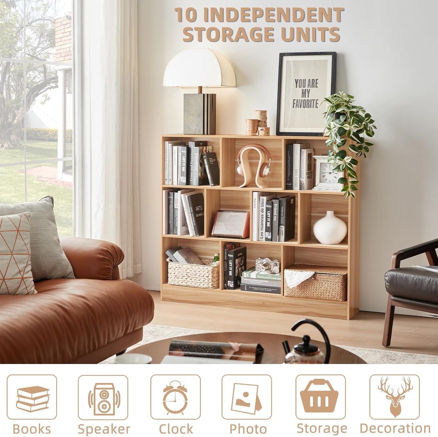 LEYAOYAO 10 Cube Bookshelf with Base,3 Tier Mid-Century Modern Grey Bookcase,Standing Wide Bookshelves Storage Organizer Shelf,Rustic Wood Display Cabinet Book Shelves for Bedroom,Living Room,Office