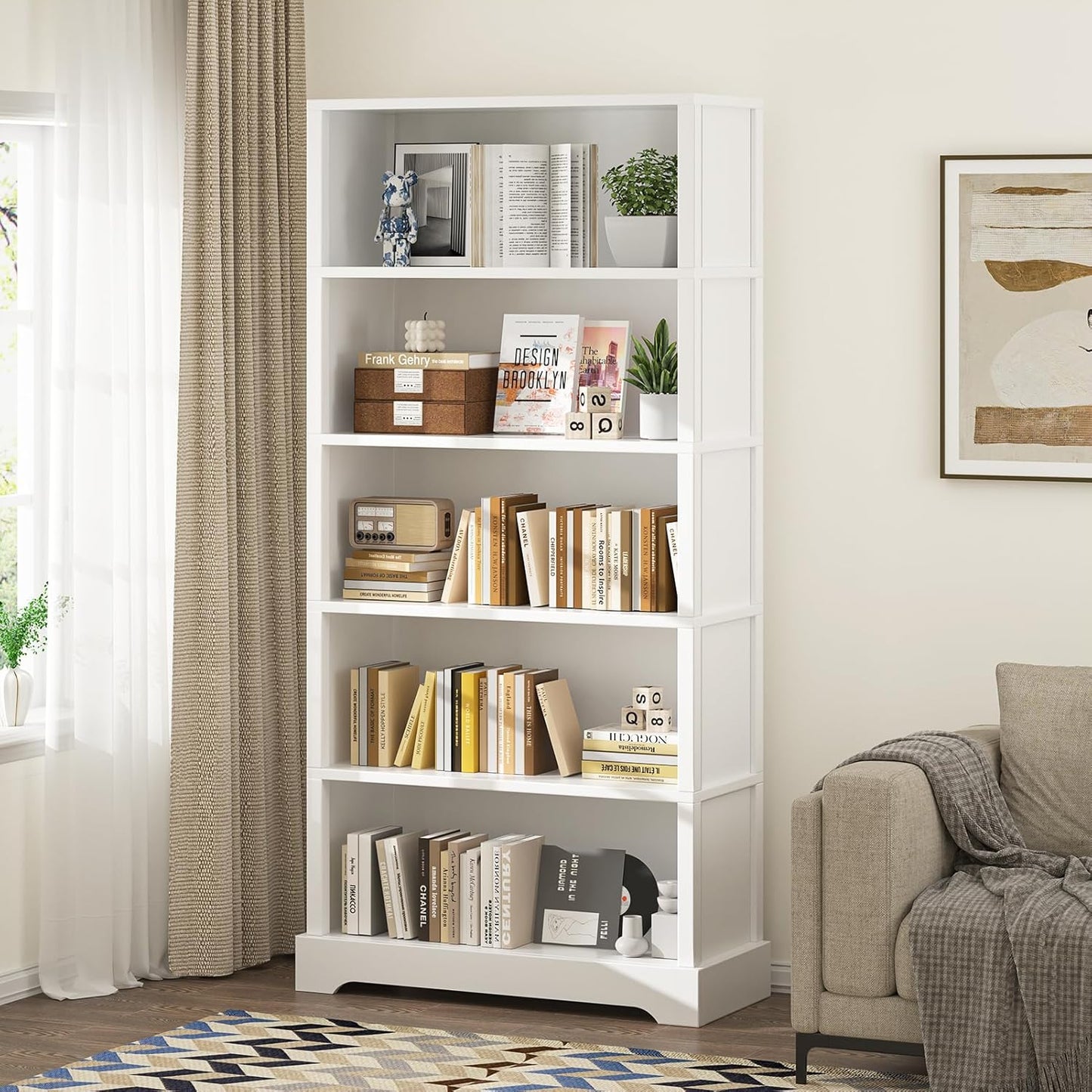 TVU 5-Shelf Wood Bookcase, 65 Inch Tall Bookshelf with Storage, Floor Standing Display Book Shelf,for Living Room Bedroom Study Office, White