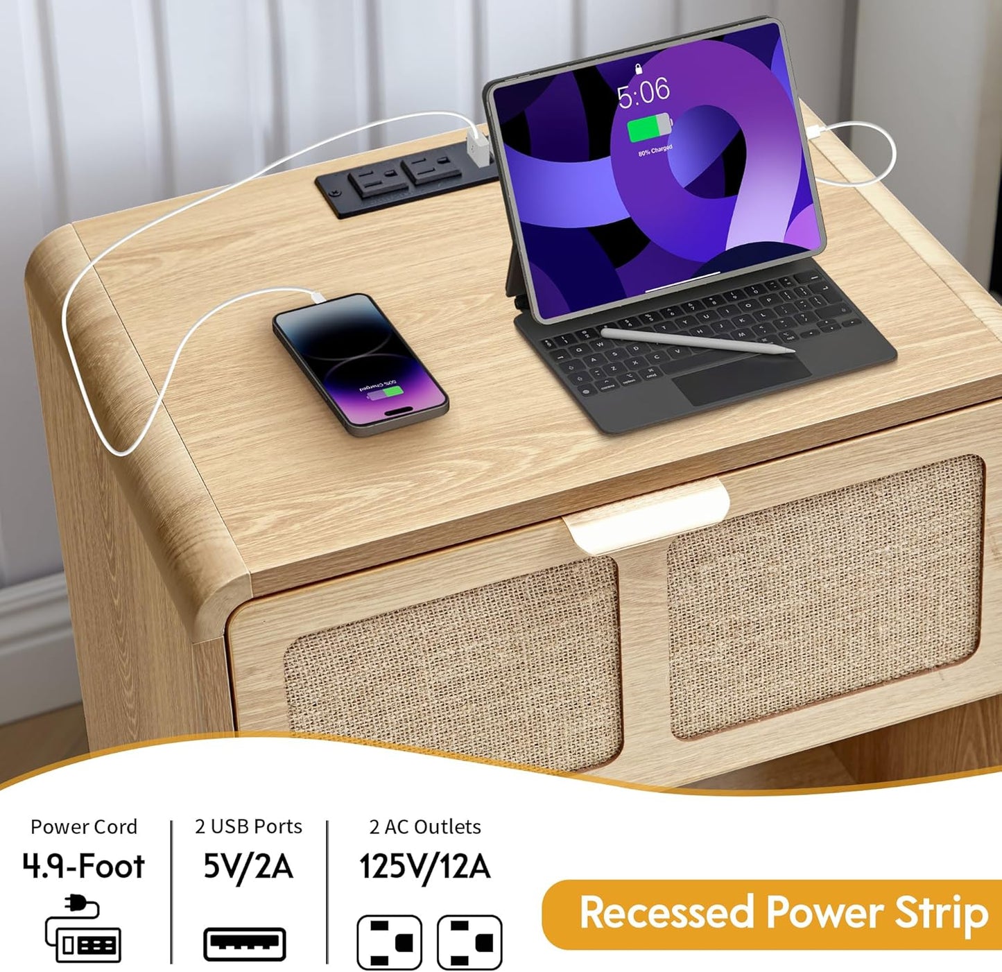 LEVNARY Nightstand with Charging Station, Mid-Century Modern Bedside Table with Curved Top Corners and Fabric-Like Textured Drawer, Wooden End Table for Farmhouse Bedroom Living Room (1, Natural)