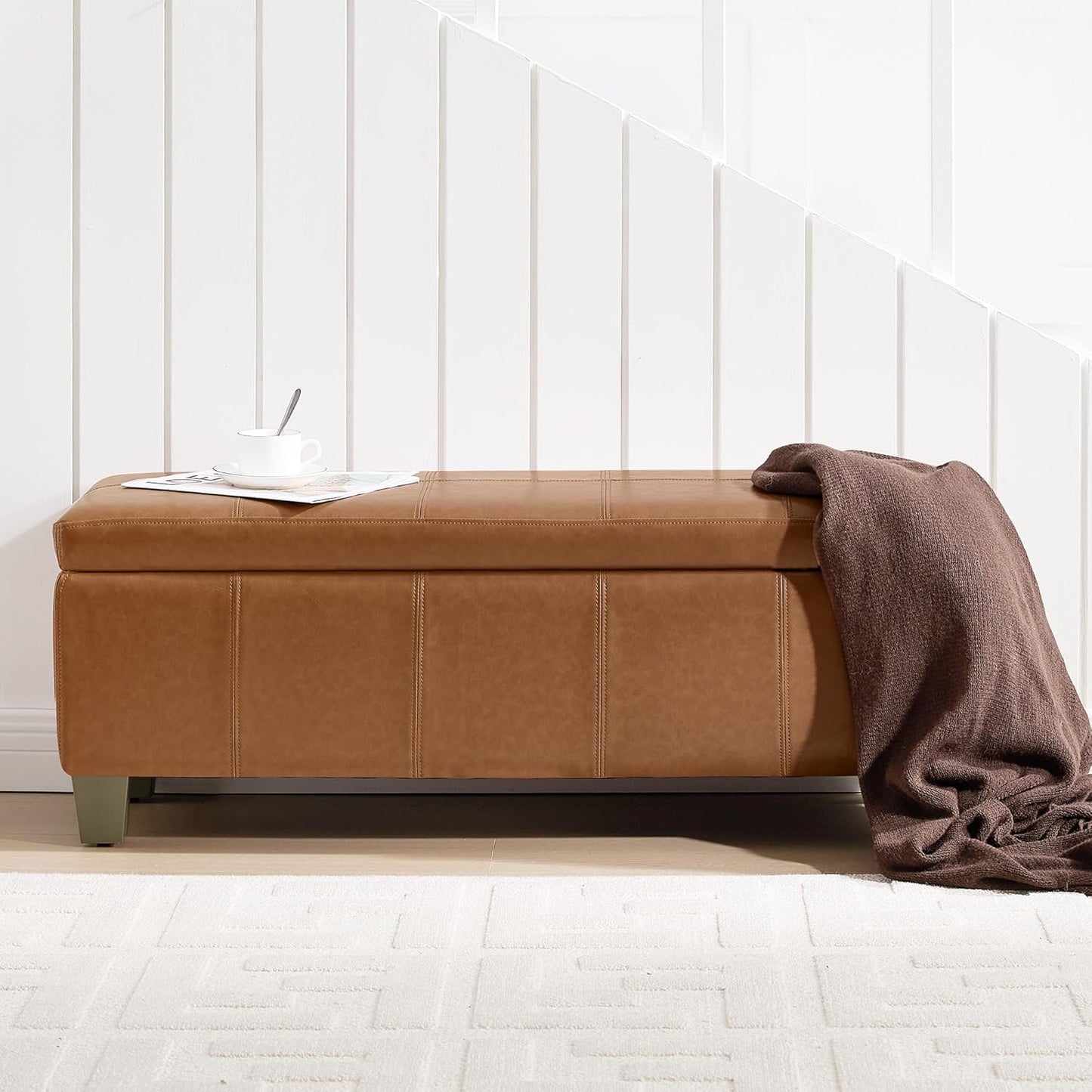 41" Faux Leather Storage Ottoman, Stitch Tufted Rectangle Upholstered End of Bed Storage Bench, Entryway Large Couch Ottoman with Wooden Legs, Light Brown