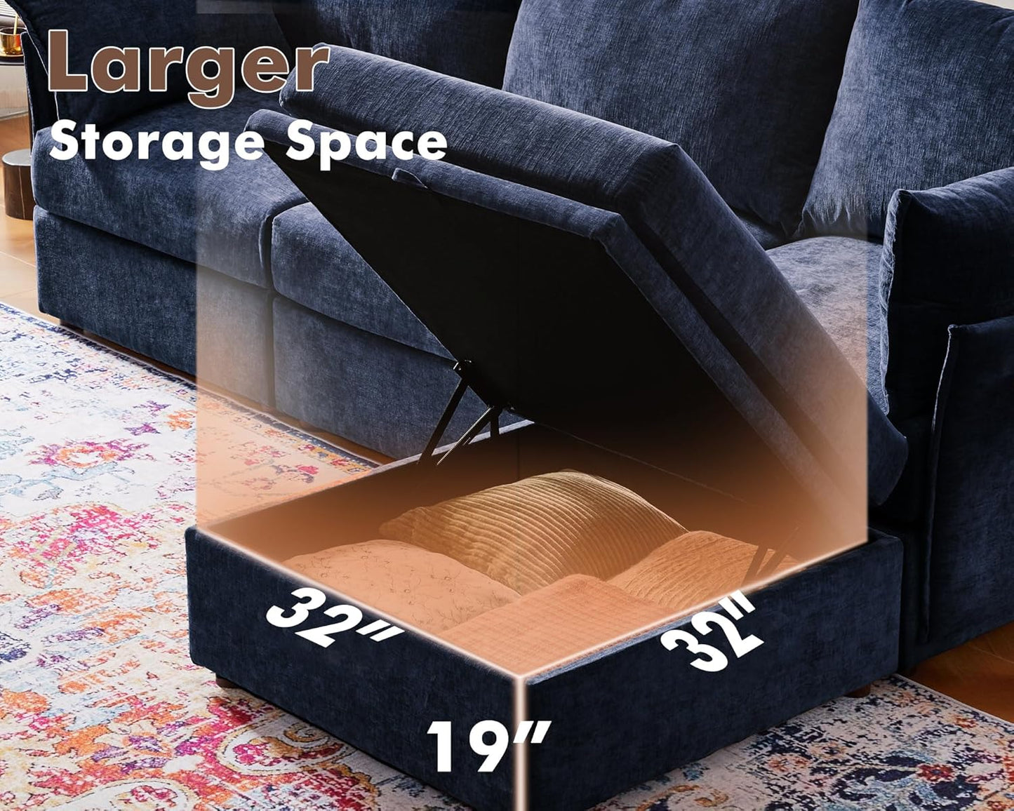 Luxury Modular Sectional Sofa, L-Shaped 3-Seat Couch with Storage Ottoman Deep Seat & Reversible Chaise Lounge Chenille Blue for Compact Spaces, Apartments, Dorm