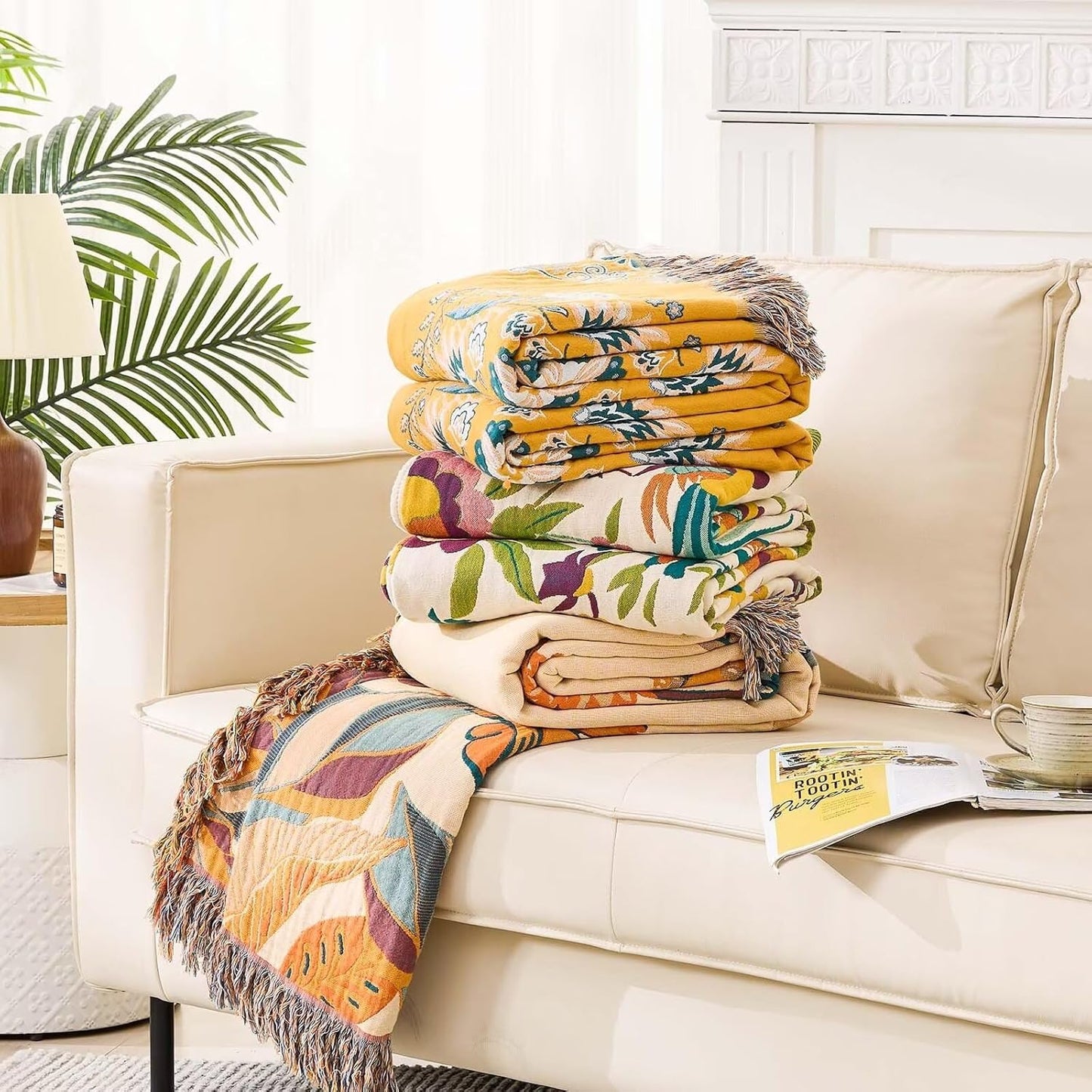 Boho Throw Blanket for Bed, 100% Cotton Soft Rustic Quilt Fall Blanket, 60"x80" Floral Printed Farmhouse Decor Bed Blankets, All Season Rustic Reversible Bohemian Throw Quilt