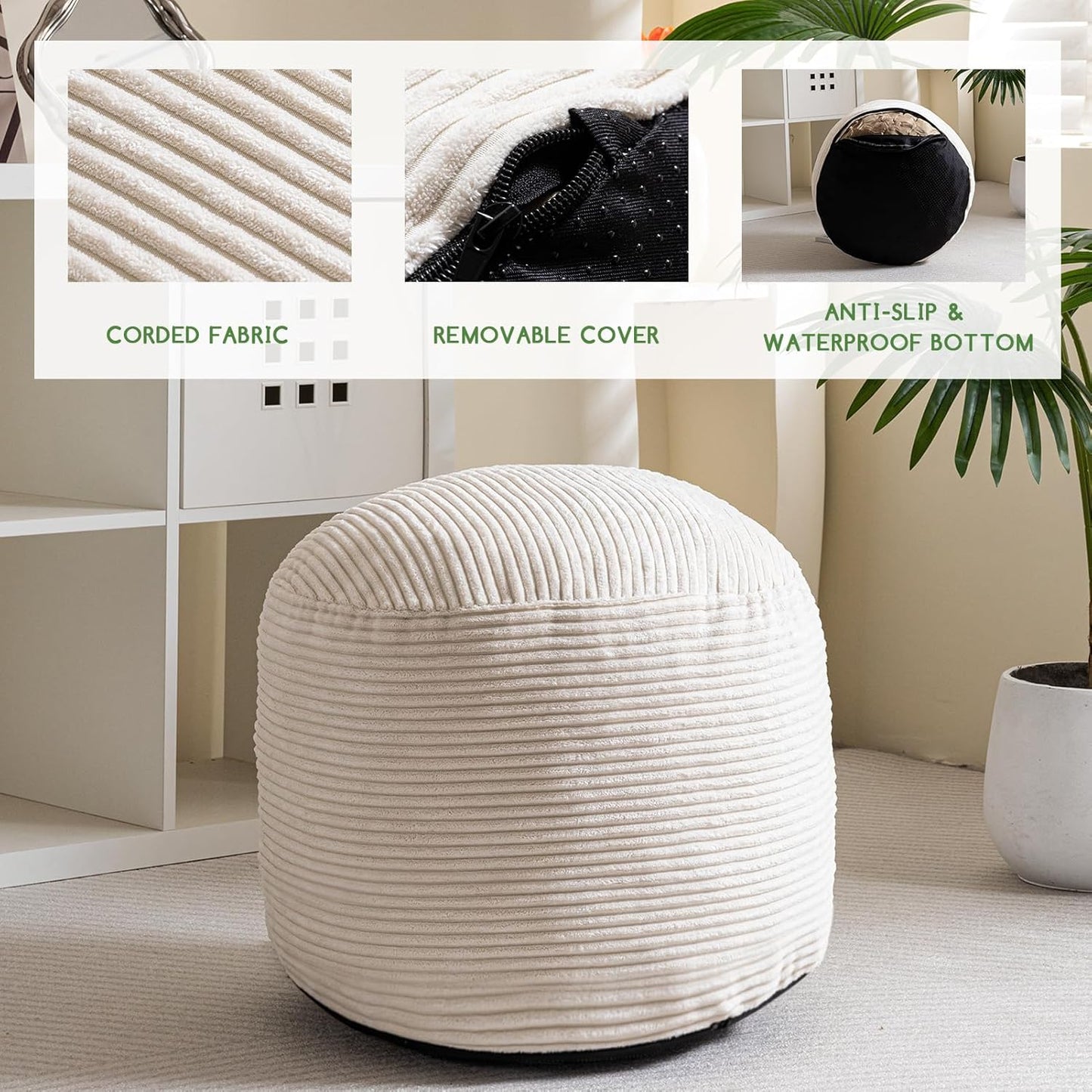 HIGOGOGO Round Stuffed Pouf Ottoman, Corduroy Poufs with Foam Chunk Filling, Furry and Fluffy Pouf Foot Stool Storage Ottoman, 20 X 15 Floor Poufs Foot Rest for Living Room, Beige
