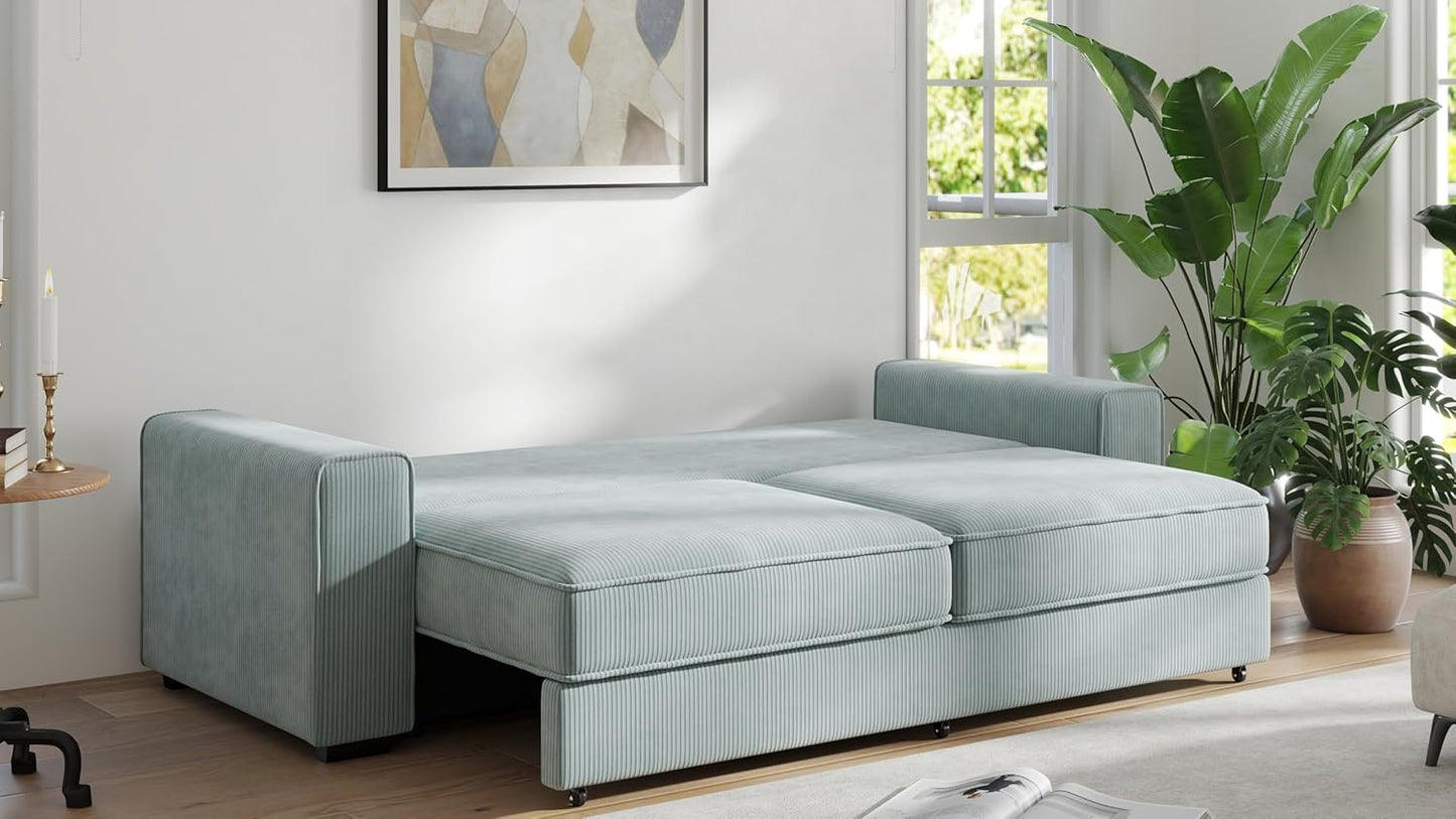 91-Inch Corduroy Pull Out Couch with Storage, Convertible Queen Sleeper Sofa with Pull Out Bed, Hide a Bed Couches for Bedroom, Guest Room, Apartment, Small Places, RV (Sage Green)