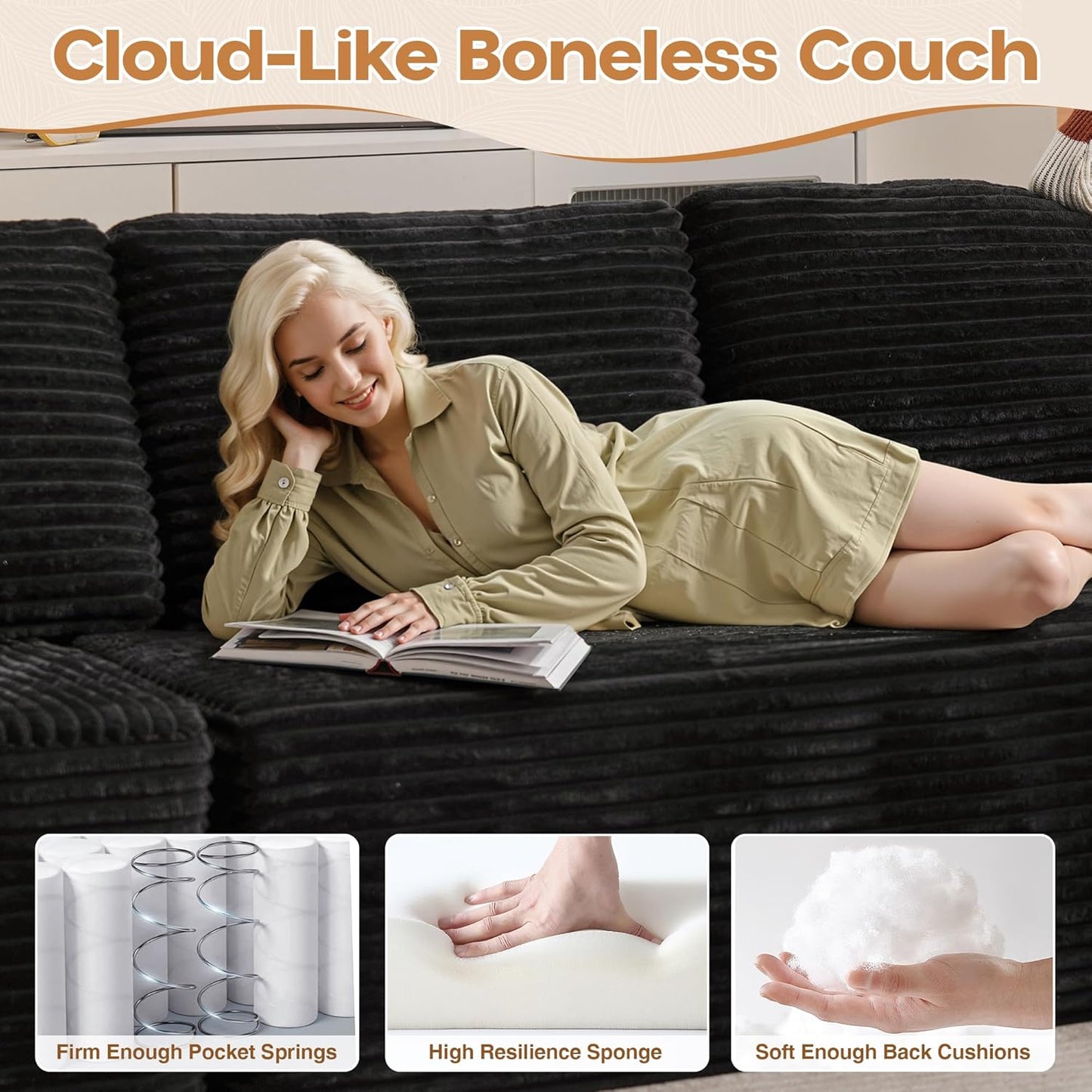 Cloud Sectional Couches for Living Room,G Shaped Modular Sofas No Assembly,135x133 Inches Plush Corduroy Oversized Floor Couch Set with Deep Seat Chaise,Black