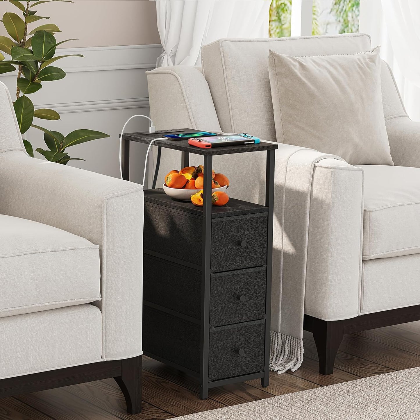 TUTOTAK Narrow Night Stand with Charging Station, Slim End Table with Plugins, Tall Side Table with 3 Fabric Drawer, Small Bedside Table with Storage, Set of 2, Living Room, Bedroom, Black TB01BK073
