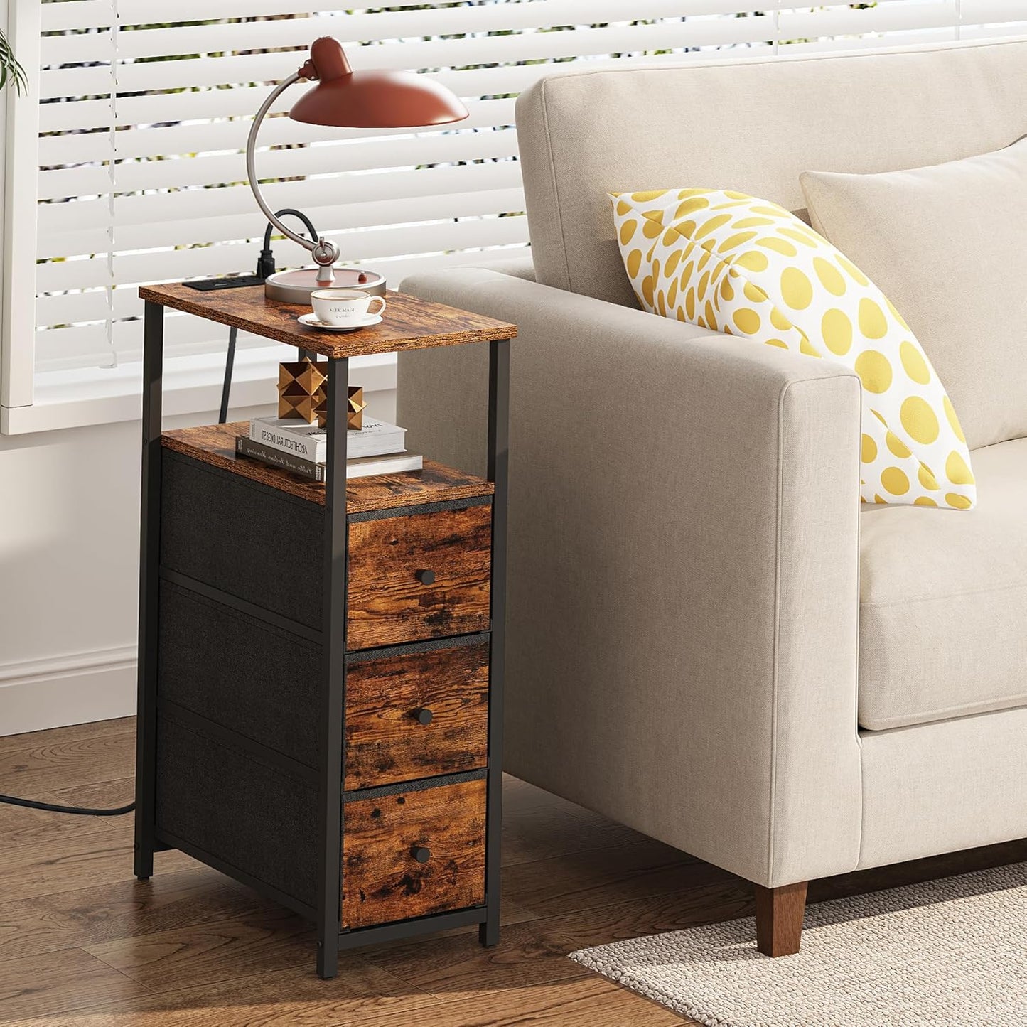 TUTOTAK Narrow Night Stand with Charging Station, Slim End Table with Plugins, Tall Side Table with 3 Fabric Drawer, Small Bedside Table with Storage, Set of 2, Living Room, Bedroom, Brown TB01BB073