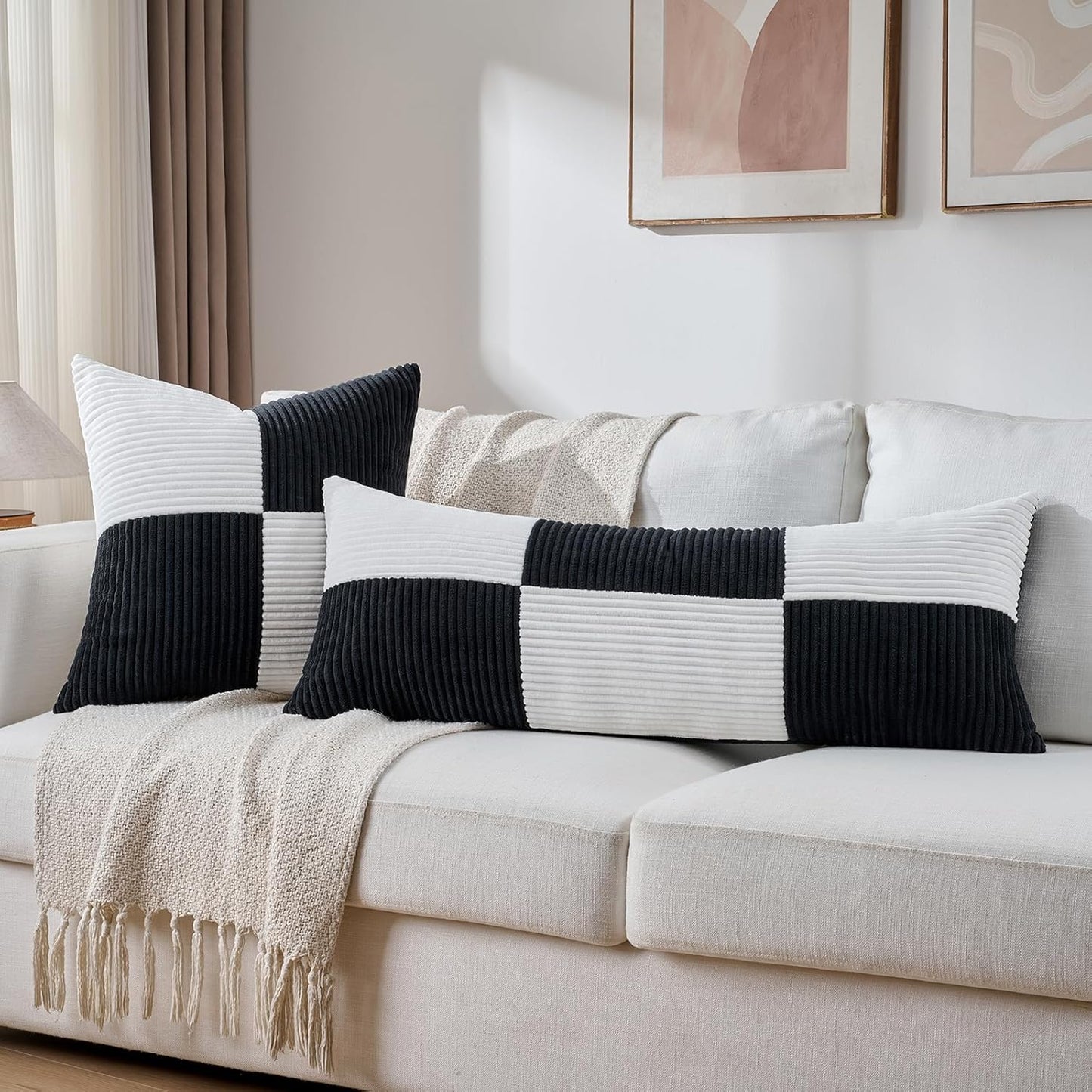 Fancy Homi Set of 2 Black White Decorative Throw Pillow Covers 20x20 Inch for Living Room Couch Bed Sofa, Farmhouse Boho Home Decor, Soft Cross Corduroy Patchwork Accent Square Cushion Case 50x50 cm