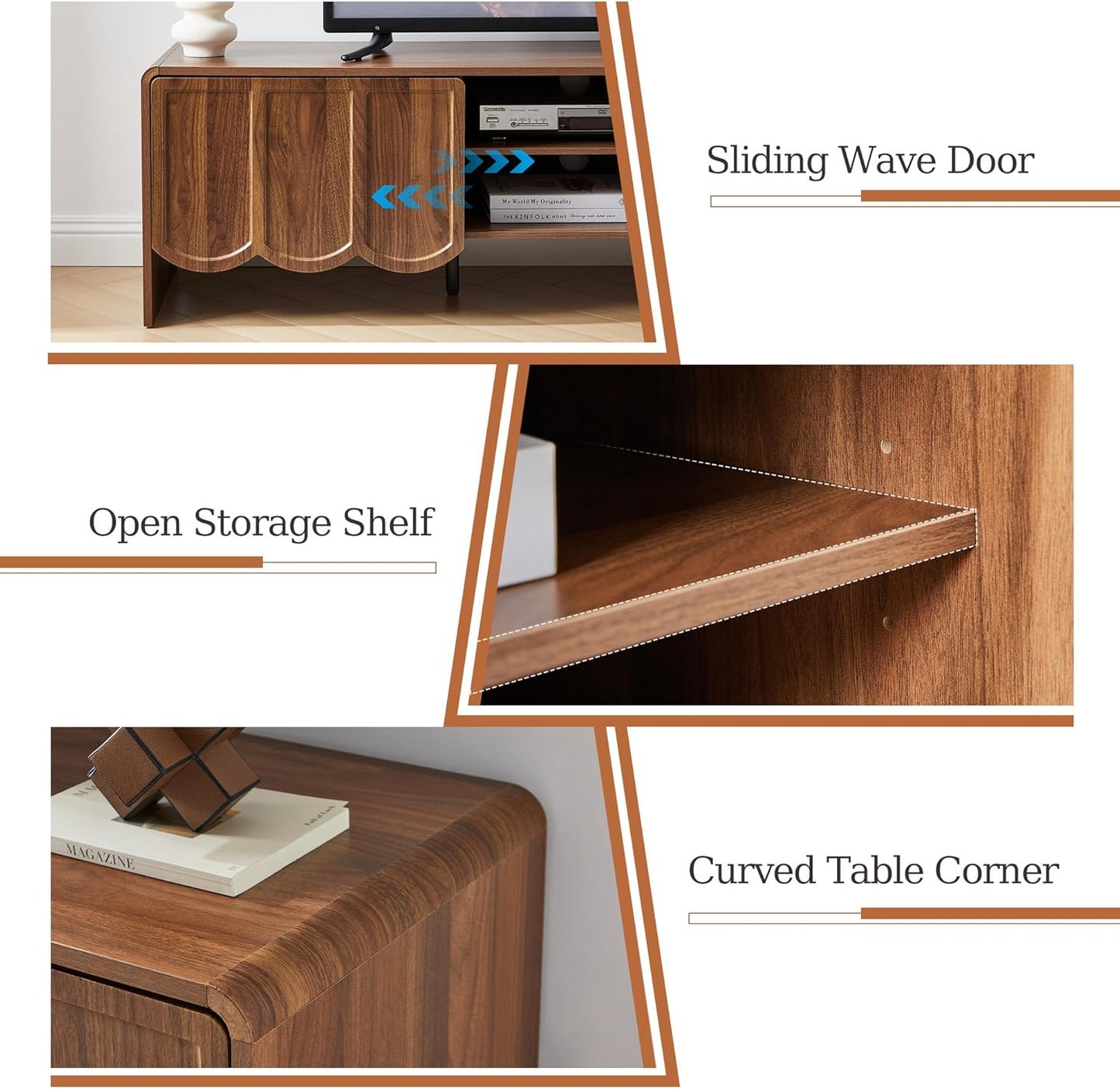ORRD 63'' TV Stand, Modern TV Console Table Wave Panel Television Stands Entertainment Media Center with Storage Compartment and Sliding Door for Living Room (Walnut)