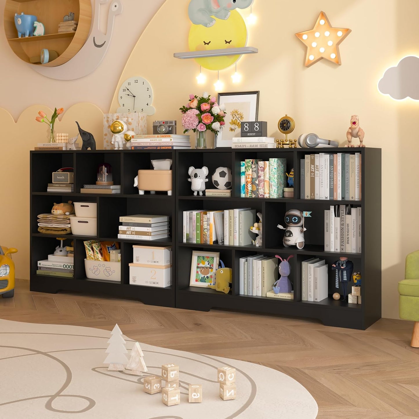 Book Shelf, 8 Cubes Storage Organizer, Freestanding Black Bookshelf Cube Shelf for Bedroom, Living Room, Home Office, 3-Tier Open Shelf Wooden Bookcase