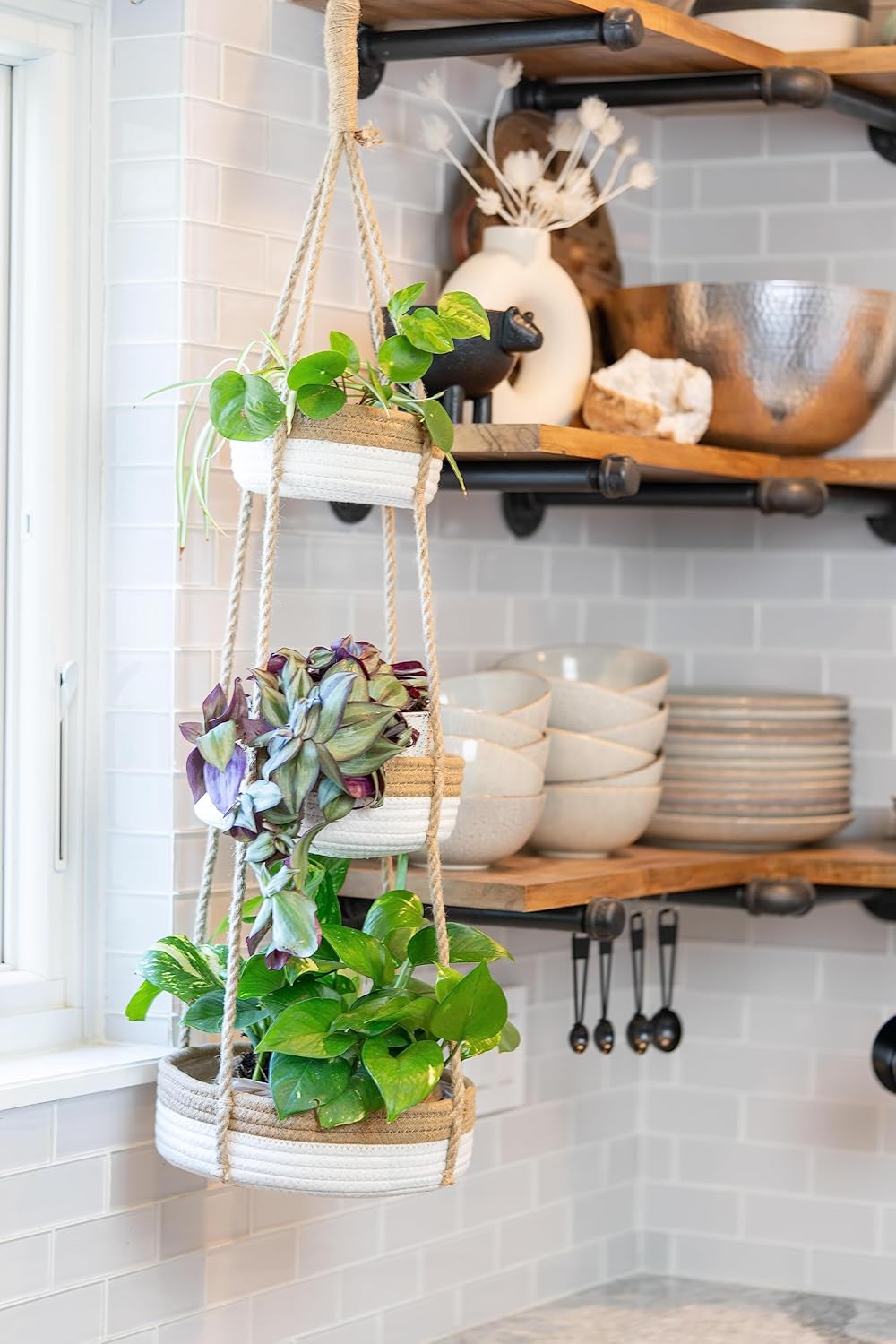 CEDAR+PINE 3-Tier Lined Hanging Fruit Basket Natural Woven Cotton with Strong Jute Rope Hanger in Gift Box Modern Hanging Basket for Kitchen