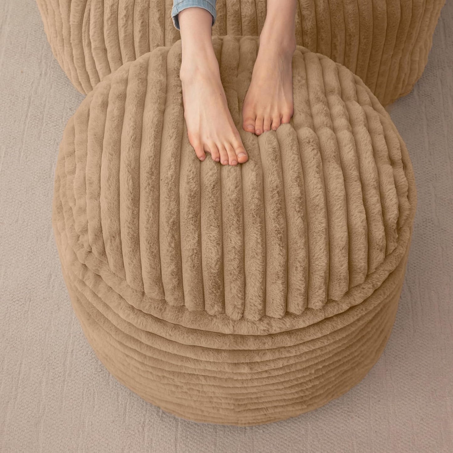 HIGOGOGO Round Stuffed Pouf Ottoman, Corduroy Poufs with High-Density Foam Filling, Furry and Fluffy Pouf Foot Stool Storage Ottoman, 20 X 15 Floor Poufs Foot Rest for Living Room, Brown