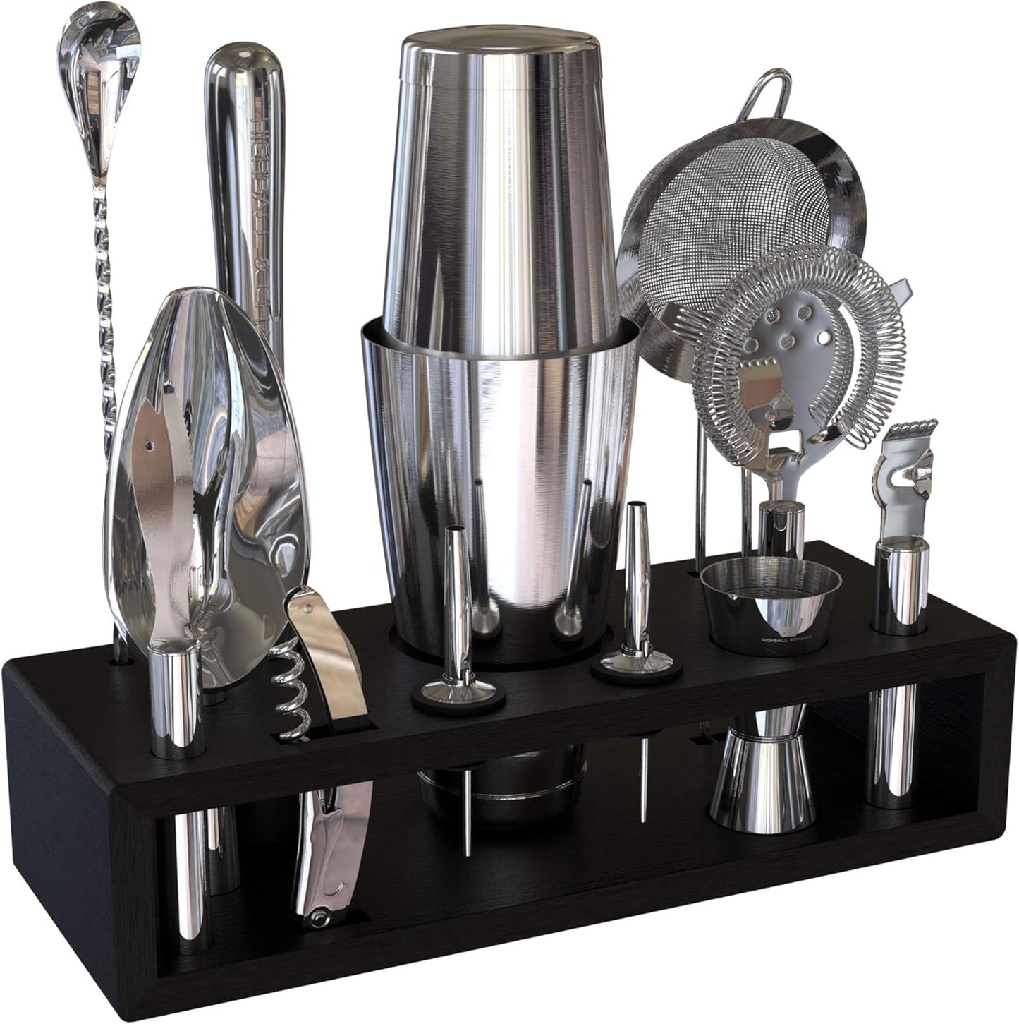 Highball & Chaser 13-Piece Boston Cocktail Shaker Set Stainless Steel Mixology Bartender Kit With Stand For Home Bar Cocktail Set | Laser Engraved Cocktail Tools | Plus E-Book with 30 Cocktail Recipes