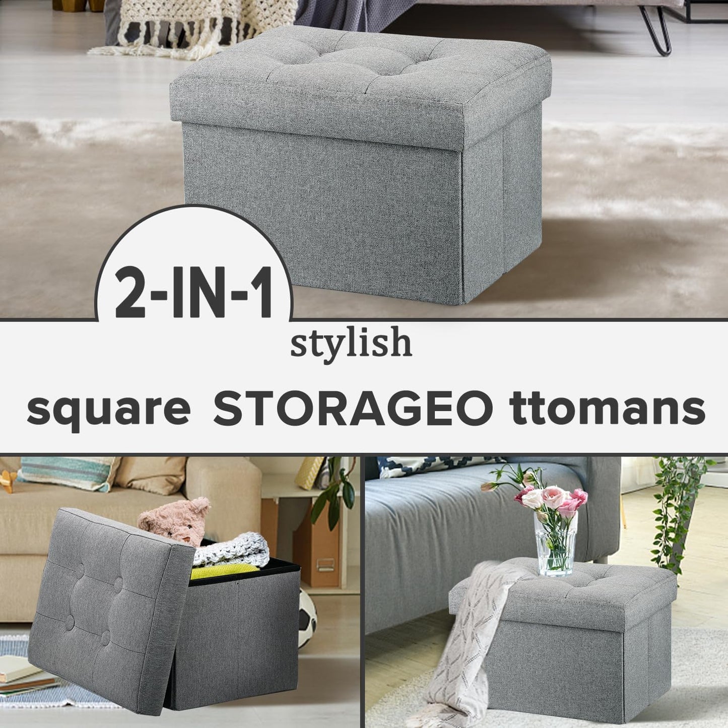 LINMAGCO Ottoman Storage Ottoman with Storage Small Foot Rest Stool Under Desk Stool Short Folding Footrest Linen Cloth Light Gray 16X12X12IN