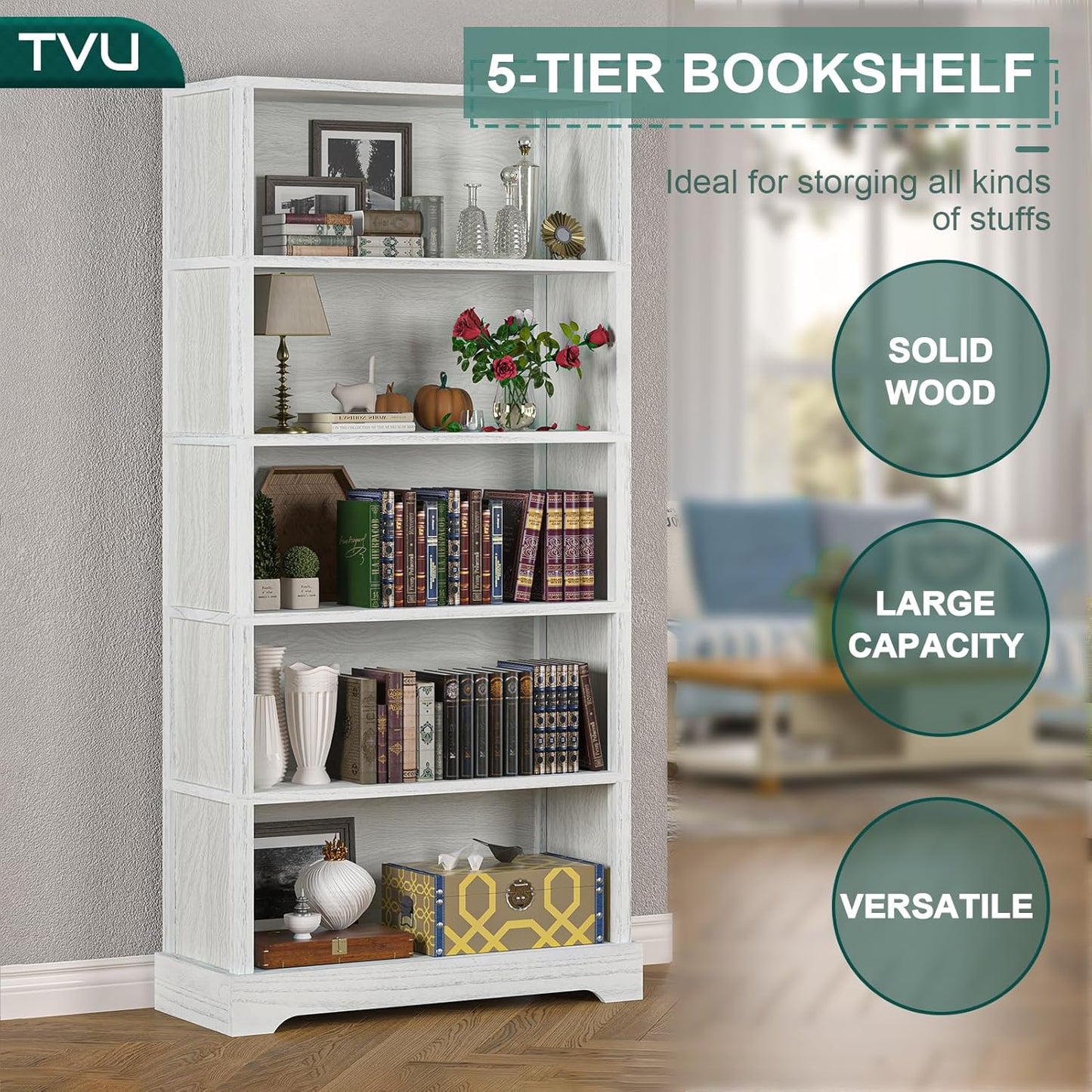 TVU 5-Shelf Wood Bookcase, 65 Inch Tall Bookshelf with Storage, Floor Standing Display Book Shelf,for Living Room Bedroom Study Office,Antique White