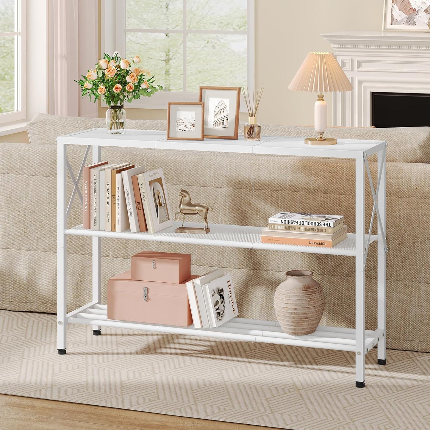 Hoctieon White Industrial Console Table, 3 Tier Entryway Tables, Hallway Desk, Narrow Sofa Tables with Shelves, Entrance Table for Entryway, Living Room, Foyer, Hallway, Office, White