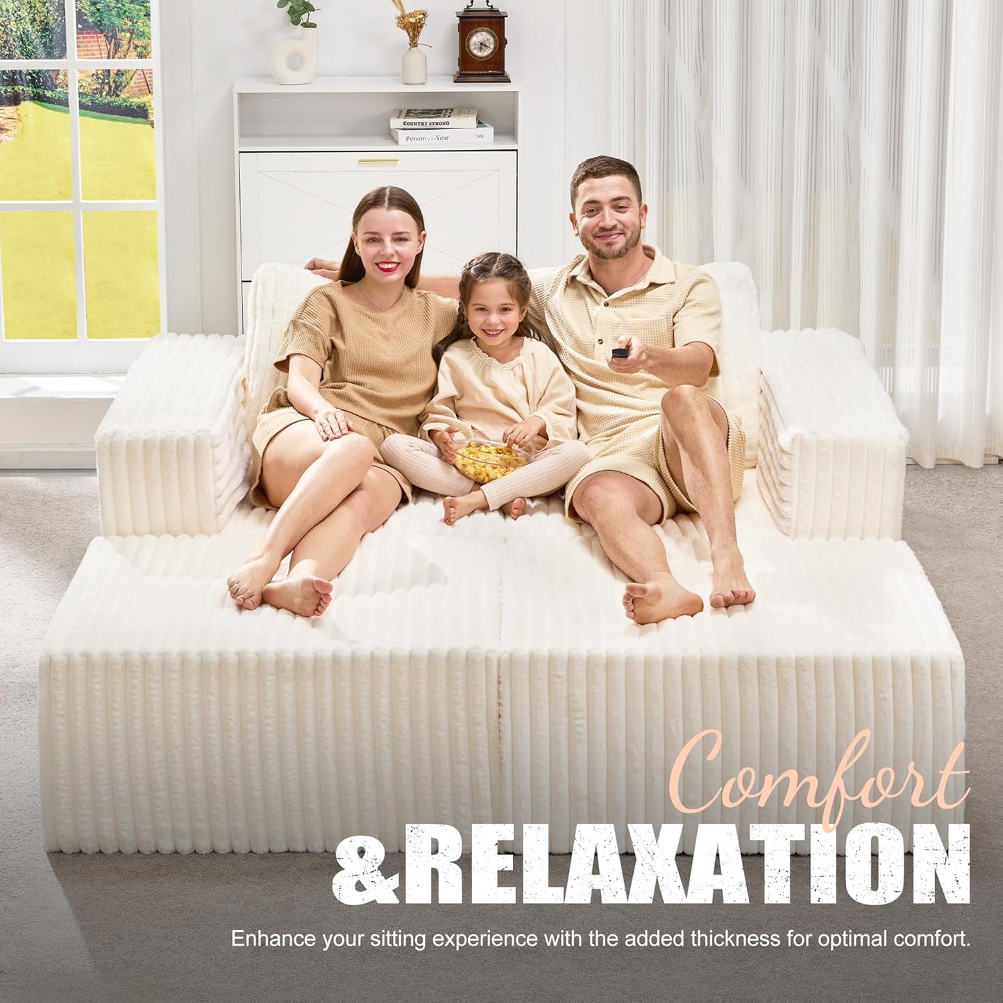 Hobestluk Modular Sectional Sofa Memory Foam Couch Sofa Bed Loveseat with Chaises Cloud Couch with Removable Cover Large Sectional Couches for Living Room (Strip White, Sofa Bed)