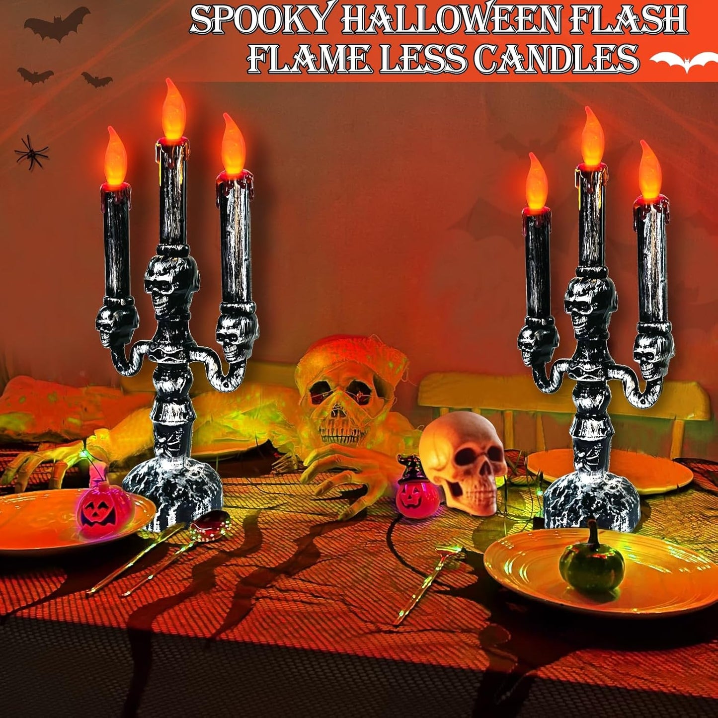 TURNMEON 2 PCS Skull Halloween Candles Lamp,Halloween Decorations Indoor 3-Candles Candelabra LED Lights Battery Operated Candles Holder, Halloween Decor for Home Table Party Room Scary Haunted House