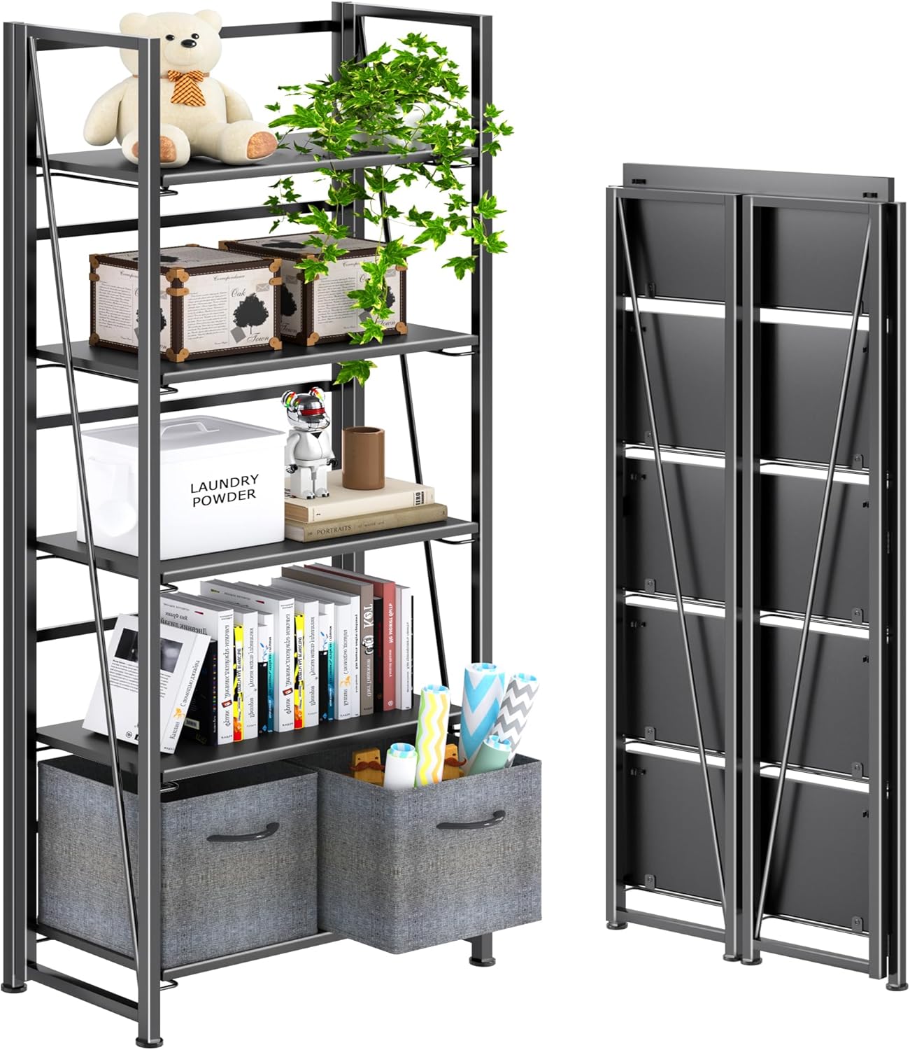 4NM No Assembly Foldable Bookshelf, 5-Shelf Collapsible Bookcase Storage for Small Spaces, 62.2" H, All Black