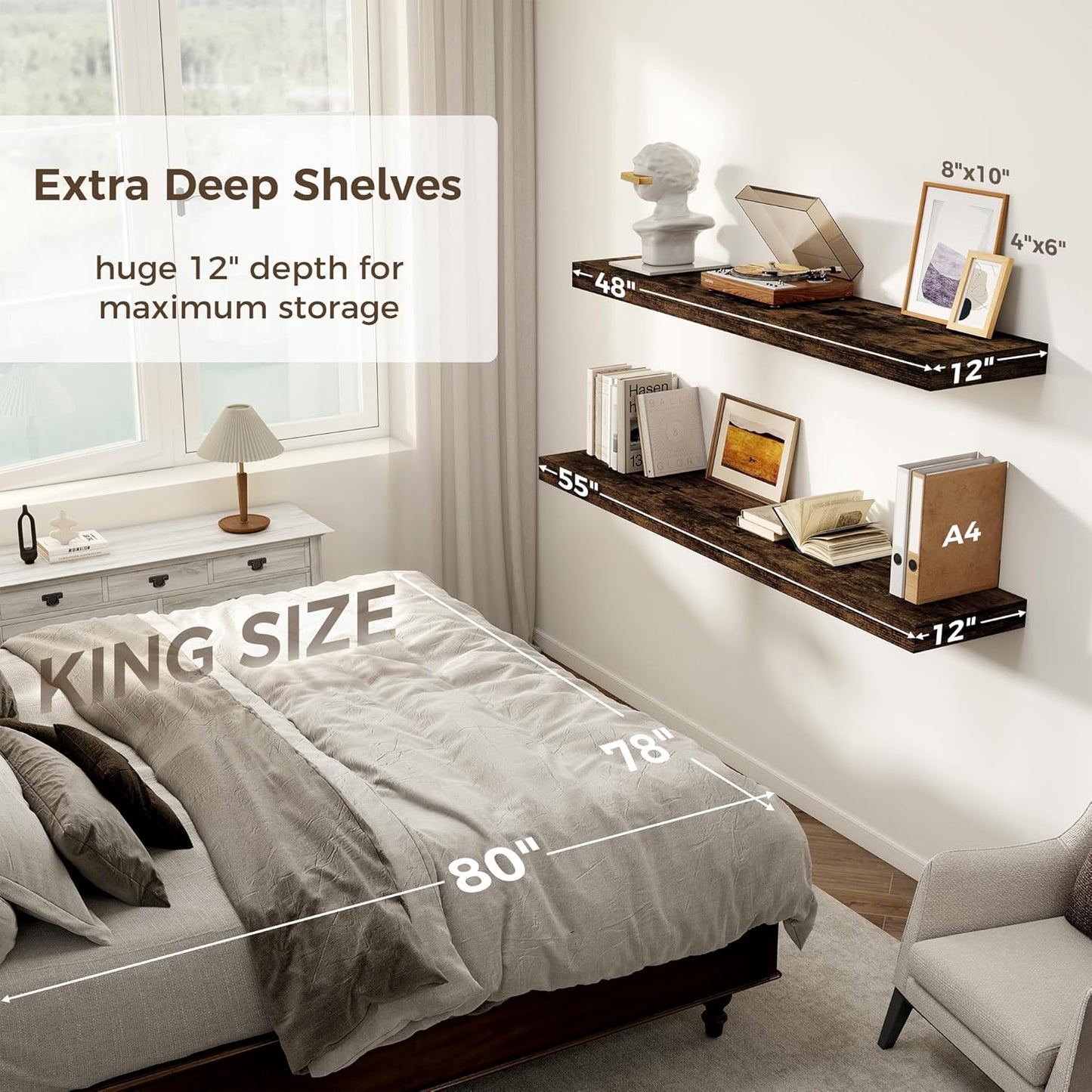 Floating Shelves 48 Inch Long, 12 Inch Deep Floating Shelves for Wall, 48 x 12 Large Wall Shelves for Home Storage & Display, 2" Thicked Floating Shelf for Bedroom, Living Room, Rustic Brown, 1 Pack