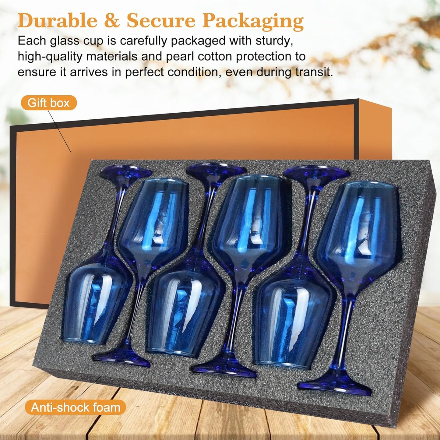 Blue Wine Glasses Set of 6-14oz Blue Long Stem Wine Glass, Pretty Crystal Glassware, Hand Blown Goblets Drinkware, Unique Stemware Wine Glass Holiday Gift Set