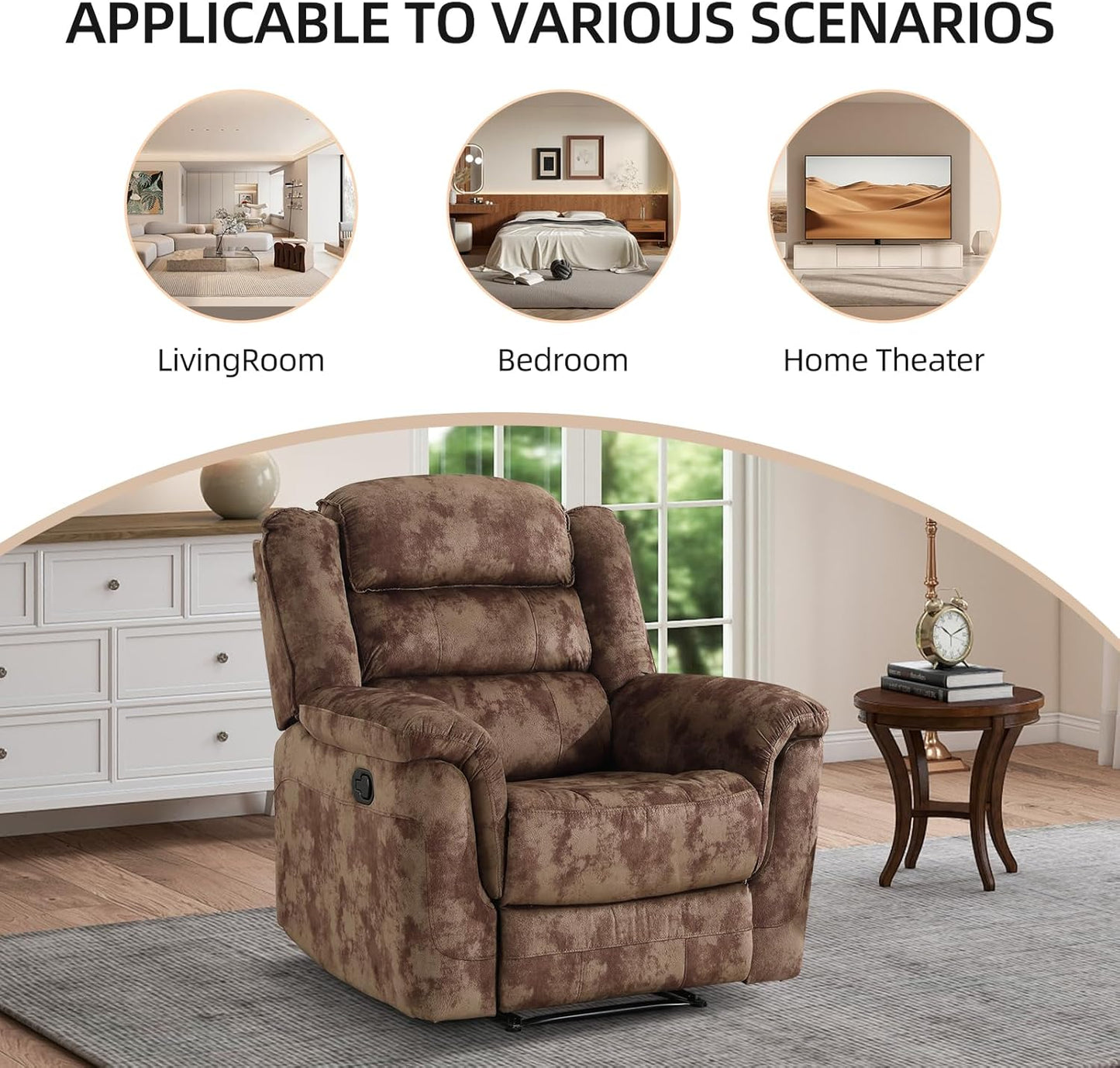 EBELLO Manual Recliner Chair, Soft Fabric Recliner Sofa with Overstuffed Armrest and Backrest for Living Room, Bedroom, Brown