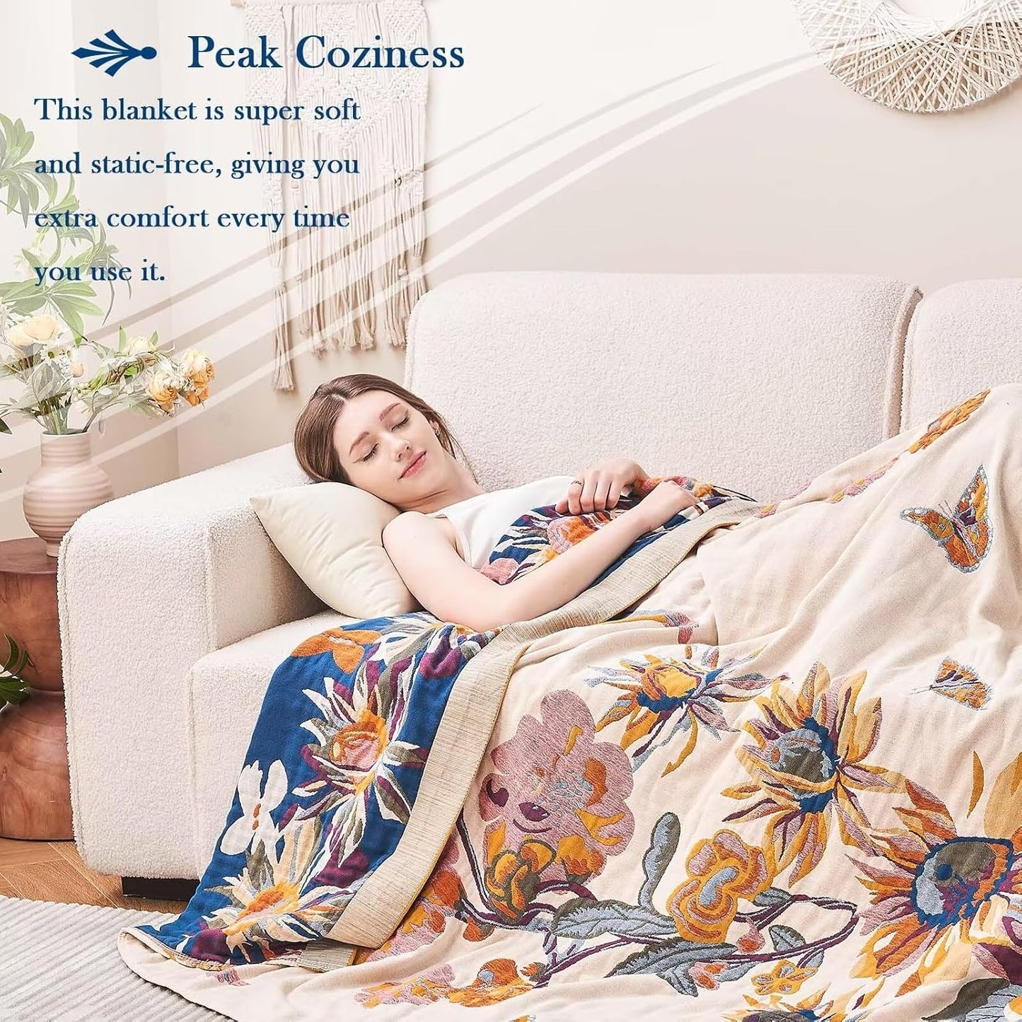 Boho Throw Blanket, 100% Cotton Ultra Soft Luxury Throw Rustic Quilt, 60"x80" Floral Bird Butterfly Farmhouse Decor Bed Blankets, All Season Rustic Reversible Bohemian Throw for Bed - Yellow