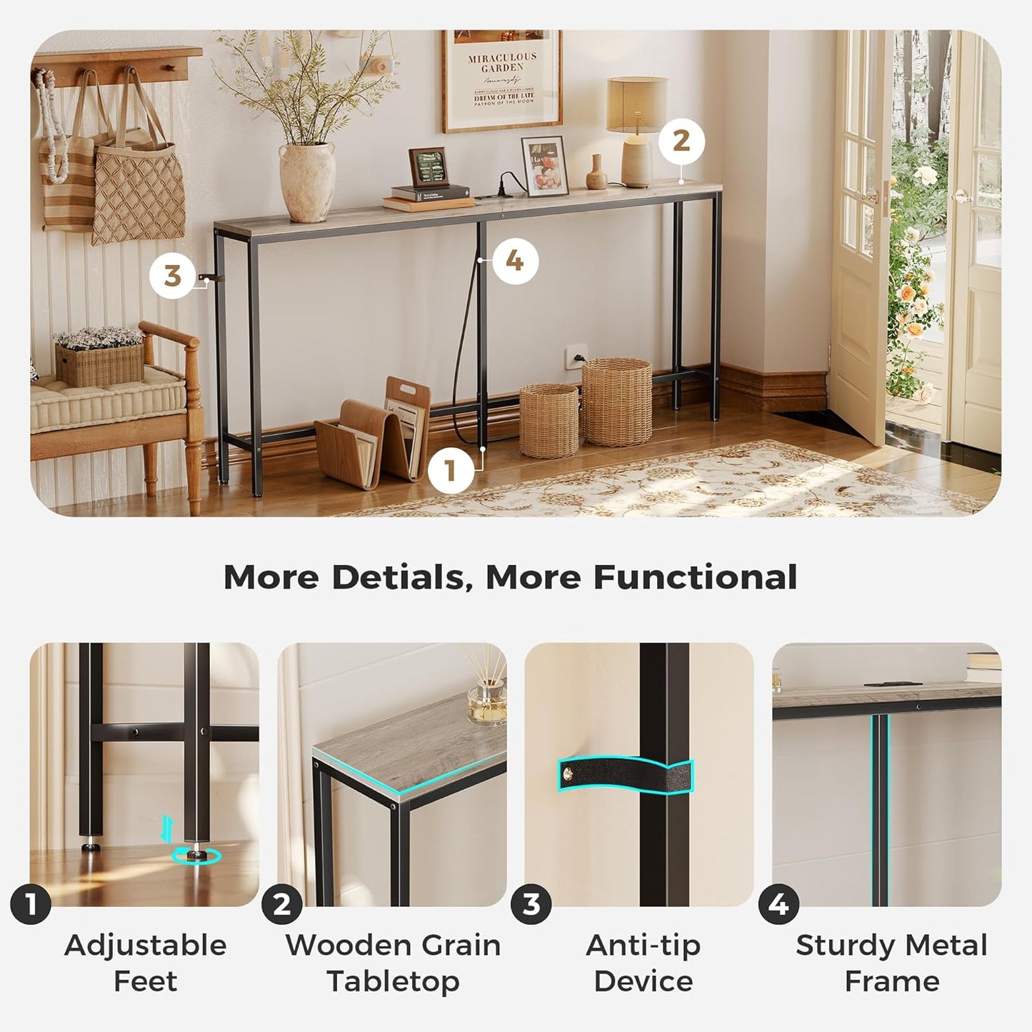 SUPERJARE 70 Inch Console Table with Outlet, Narrow Entryway Table for Living Room, Oak