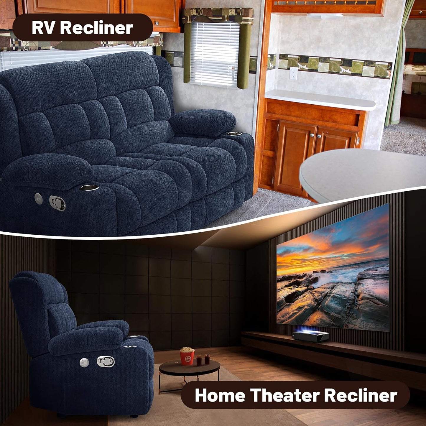 Loveseat Recliner Sofa, 2 Seater Minimalist Style Fabric Manual Pull Tab Reclining Loveseat with USB Charge Ports, Cup Holders, Recliner Love Seat Couches for Living Room, RV, Blue