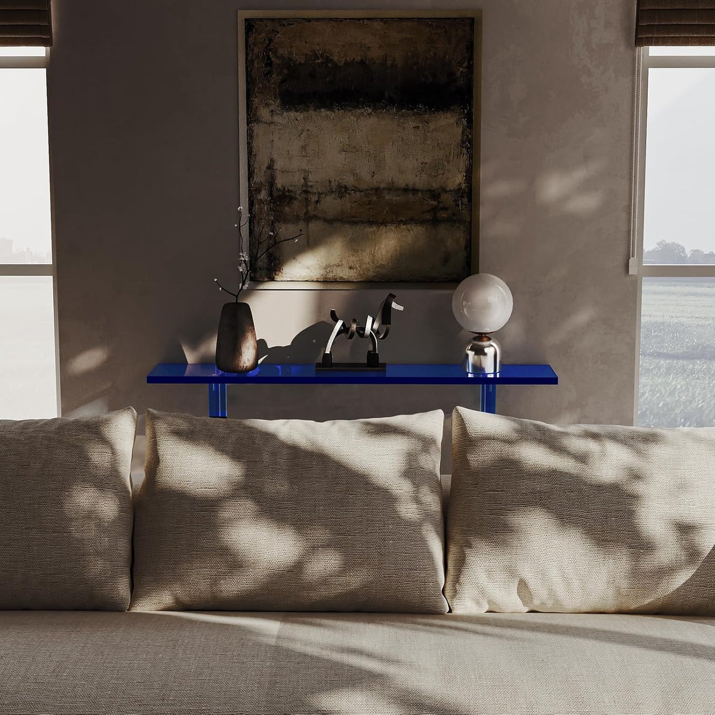 HMYHUM Narrow Acrylic Console Table, with Transparent Gradient Blue Square Legs, 7.6" Width, 2-Tier Clear Entryway Table for Hallway, Foyer, Sofa, Living Room, 39.4" L x 31.5" H