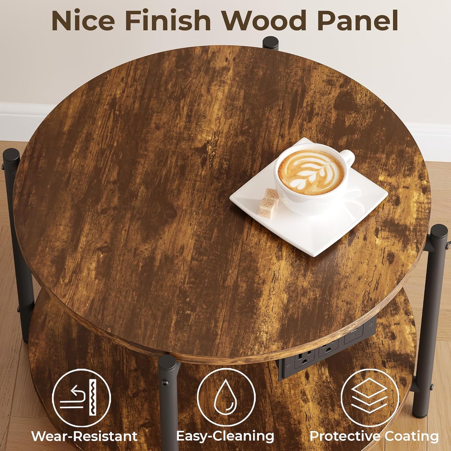 LIKIMIO Side Table, 23.6" W Round End Table with Charging Station, Modern Wooden Nightstand for Small Spaces, Living Room, Bedroom, Rustic Brown