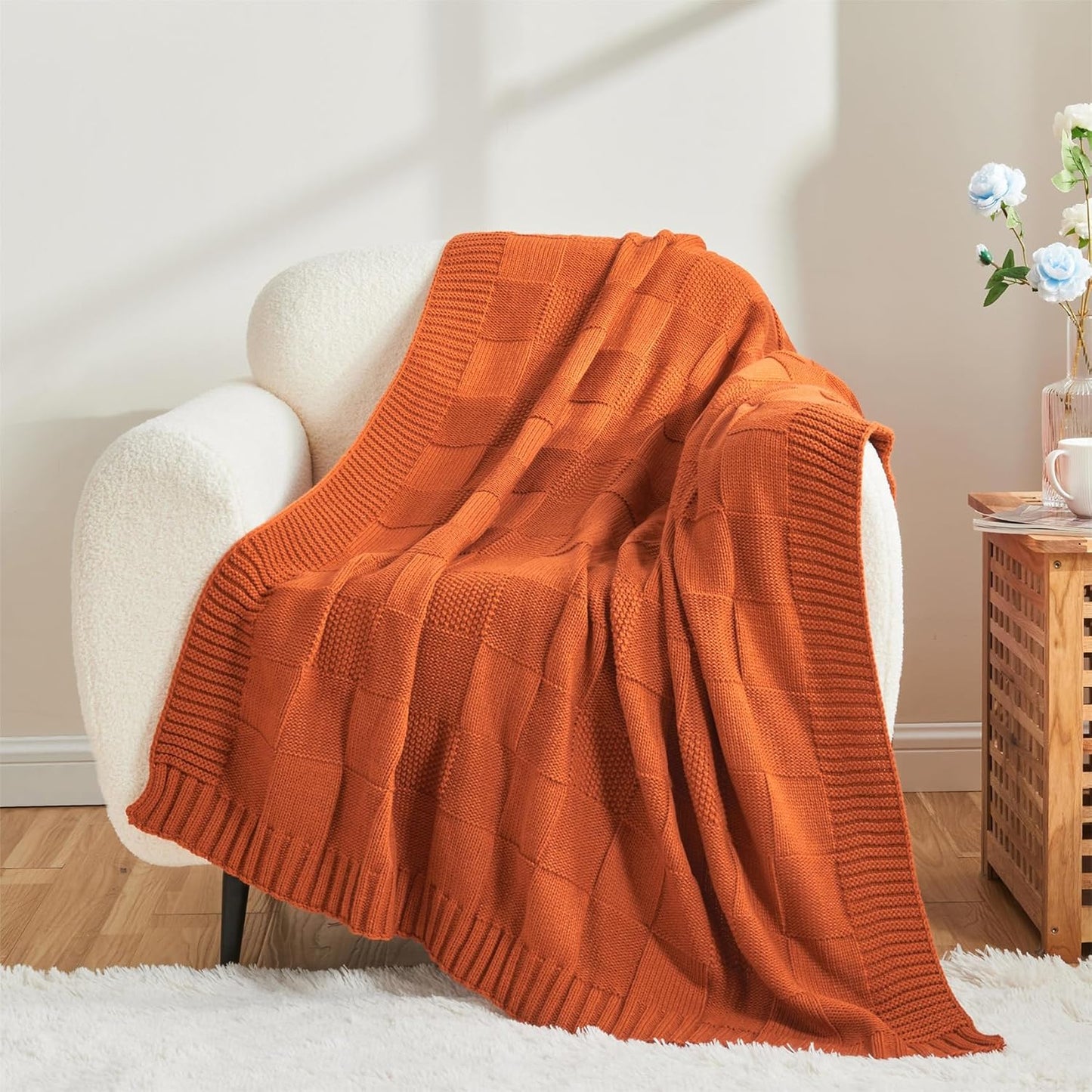 CozeCube Check Knit Throw Blanket, Rust Orange Checkered Throw for Couch, Decorative Christmas Soft Cozy Warm Knitted Blanket for Bed Sofa Living Room, 60"X80"