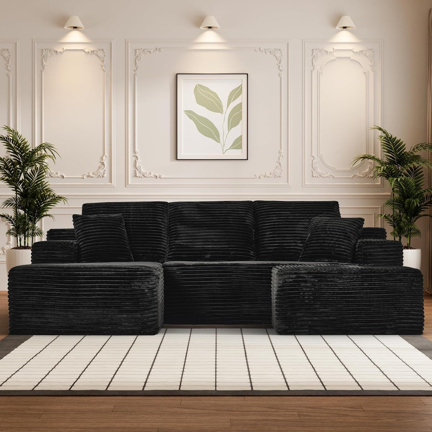 Modular Sectional Sofa Cloud Sectional Couch, 107" Comfy Fluffy U Shaped Black Couches for Living Room, Deep Seat Memory Foam Plush Corduroy Boneless Couch Sectionals with Left Facing Chaise Sofa