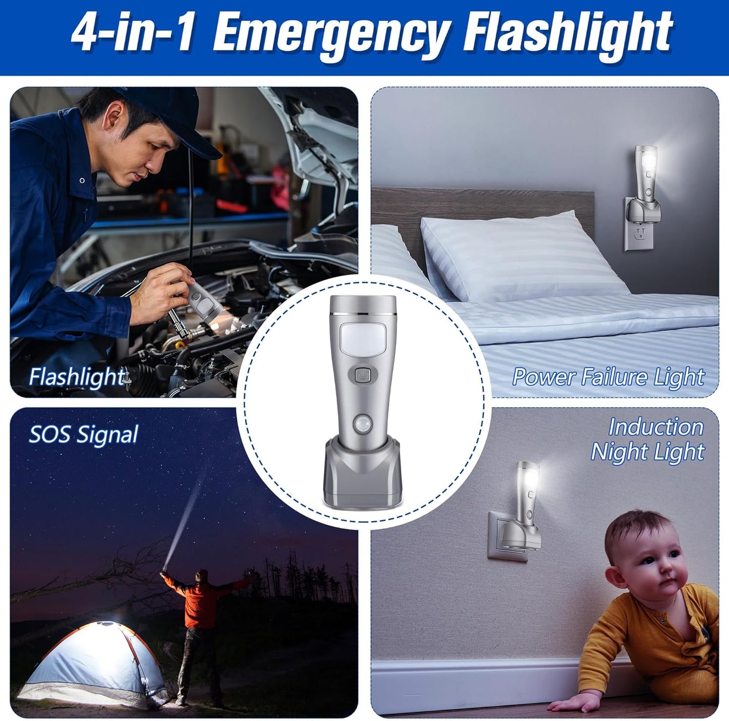 Enhon 4 Pack 4 in 1 LED Emergency Lights for Home Power Failure, Rechargeable Plug in Flashlight Motion Sensor Night Light, Automatic Turn On Power Outage Light for Home Hurricane Supplies